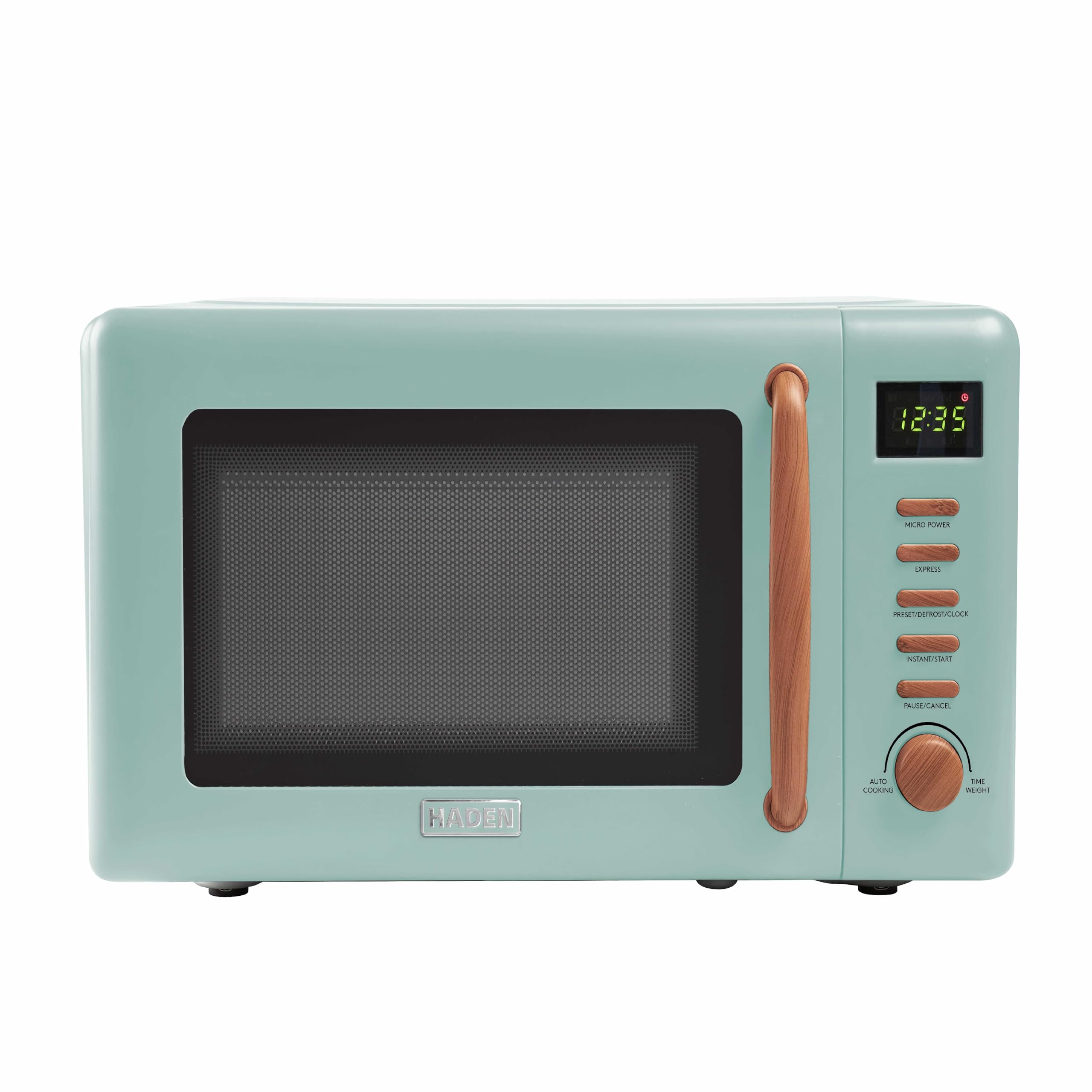 Haden Dorchester Green Microwave Oven - 20L 800W Microwave, Digital Controls, 5 Power Levels - Ideal Countertop Microwave with Wood Effect Finish, Small Kitchen Space