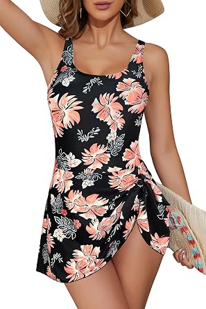 SHEKINI Womens One Piece Swimdress Tummy Control Swimsuit Swim Dress Tie Knot Bathing Suits