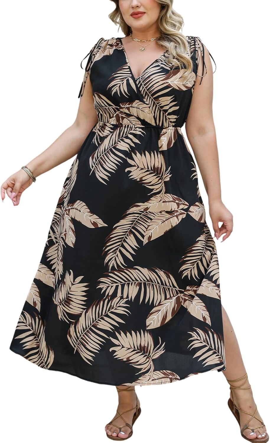 CUPSHE Women's Plus Size Summer Dress V Neck Drawstring Sleeves Tropical Flowy X Line Maxi Dress