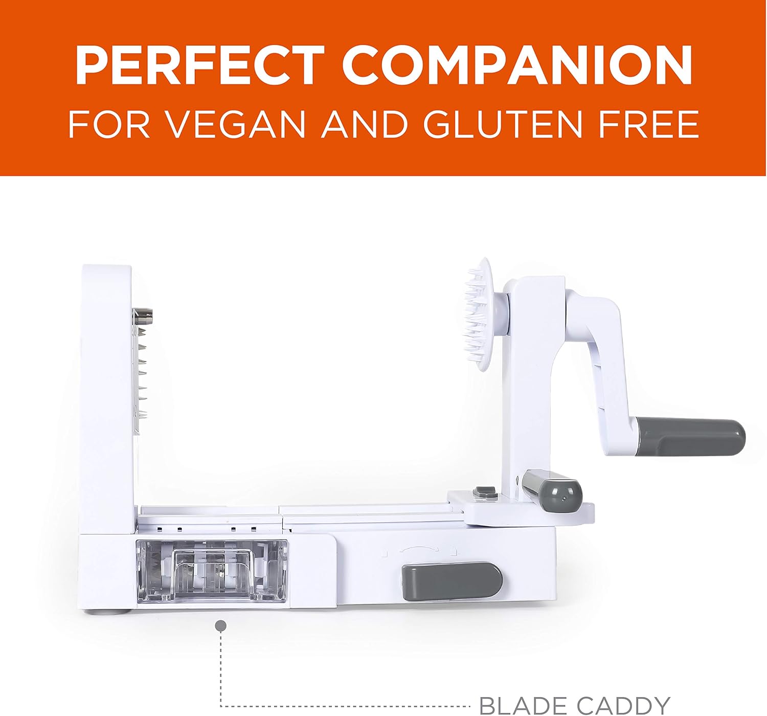 Spiralizer in compact storage mode with blade caddy