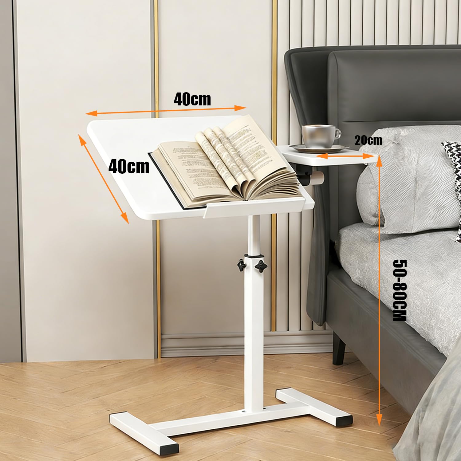 Tavolino Servitore Letto,Tavolo Per Letto Regolabile Con Ruote Nascoste, 60x40 Cm, Adatto Per Scrivania, Divano o Letto, Supporto Per Laptop Con Altezza e Angolo Regolabili, Bianco