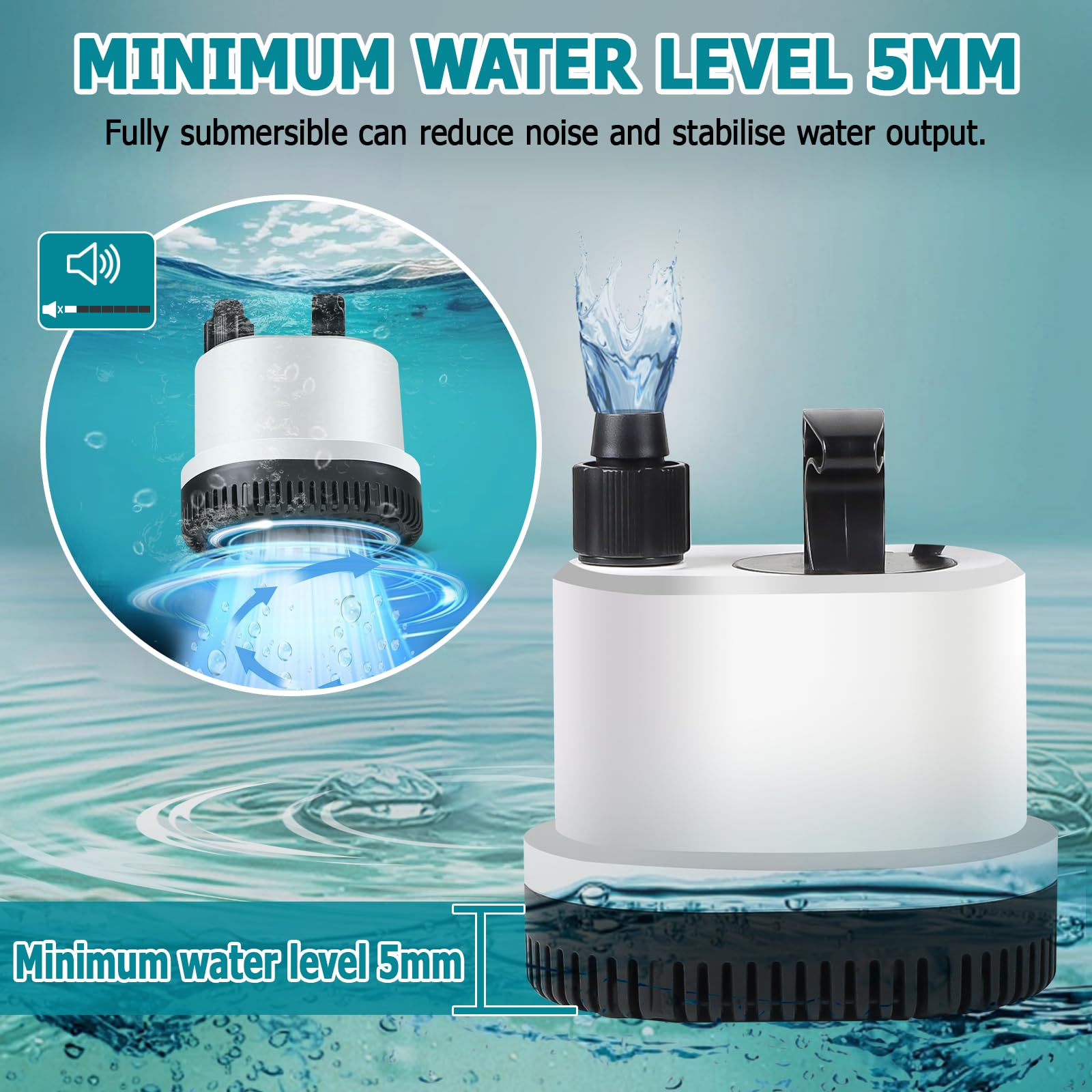 EXLECO Mini Bomba de Agua Sumergible Bomba Aguas Sucias Max.2500L/H 40W 220-240V Bomba de Estanque Ultra Silenciosa Bomaba Acuario Pequeño Bomaba Fuente con 2,3M Cable 3 Boquillas para Jardín Etanques — view 6