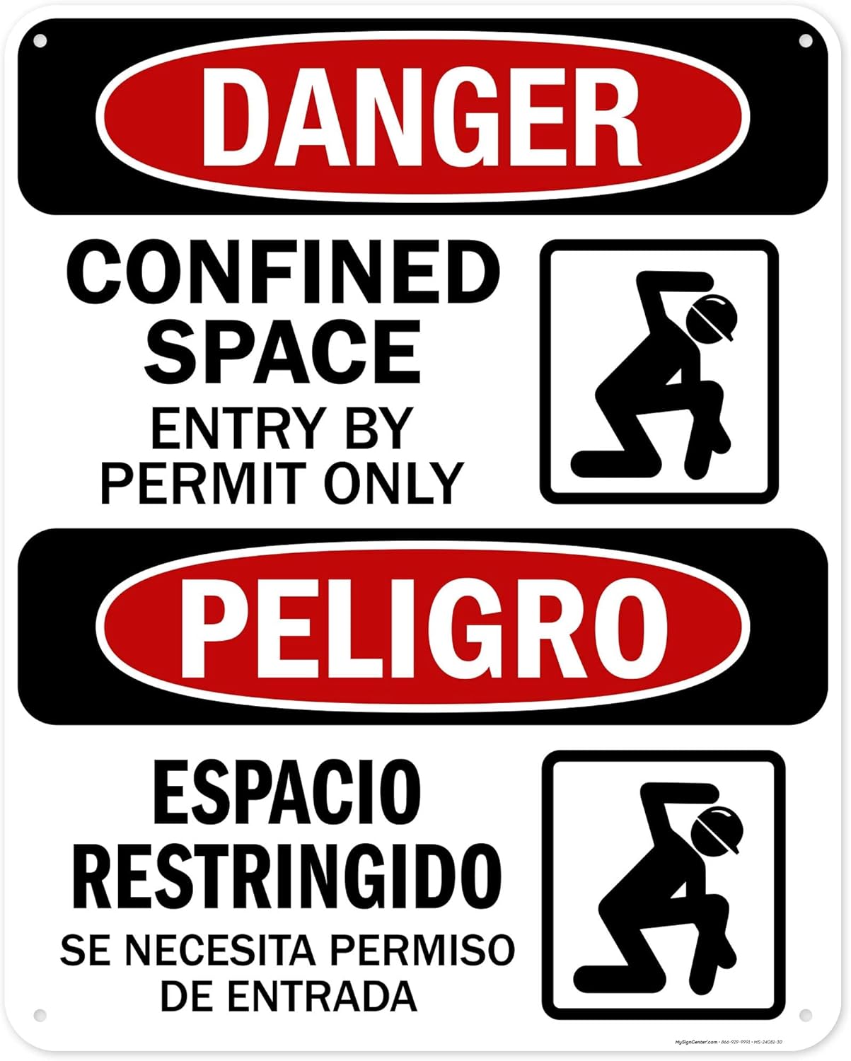 Danger Confined Space Entry By Permit Only With Graphic Bilingual Sign, 24x30 Inches, 55 mil thick HDPS (high density polystyrene), Made in USA by My Sign Center