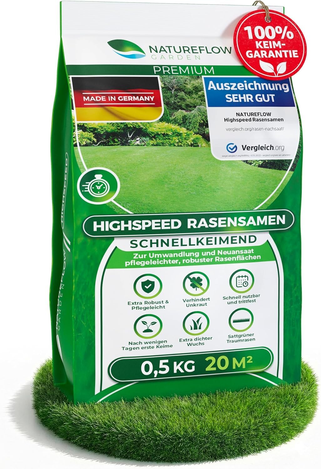 Rasensamen schnellkeimend Frühjahr 0,5kg – TEST SEHR GUT – Grassamen schnellkeimend Rasen Nachsaat Made in Germany – Rasensaat 20qm - Rasensamen Frühjahr Samen von Natureflow