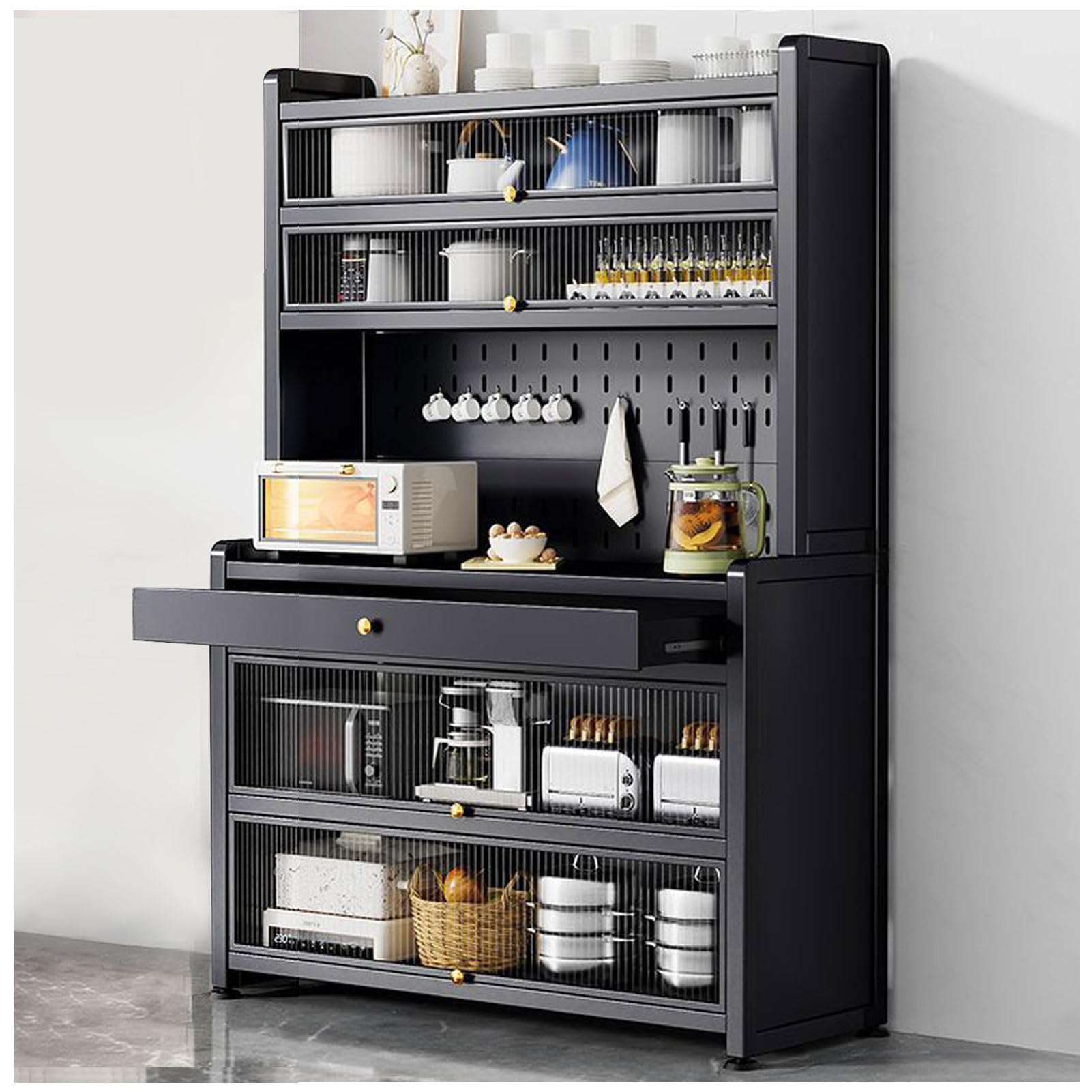 Armadietto moderno alto con supporto per microonde e cassetto, autoportante, con porte per cavi e ganci, elegante organizer per cucina e sala da pranzo, nero, 80 x 172 cm
