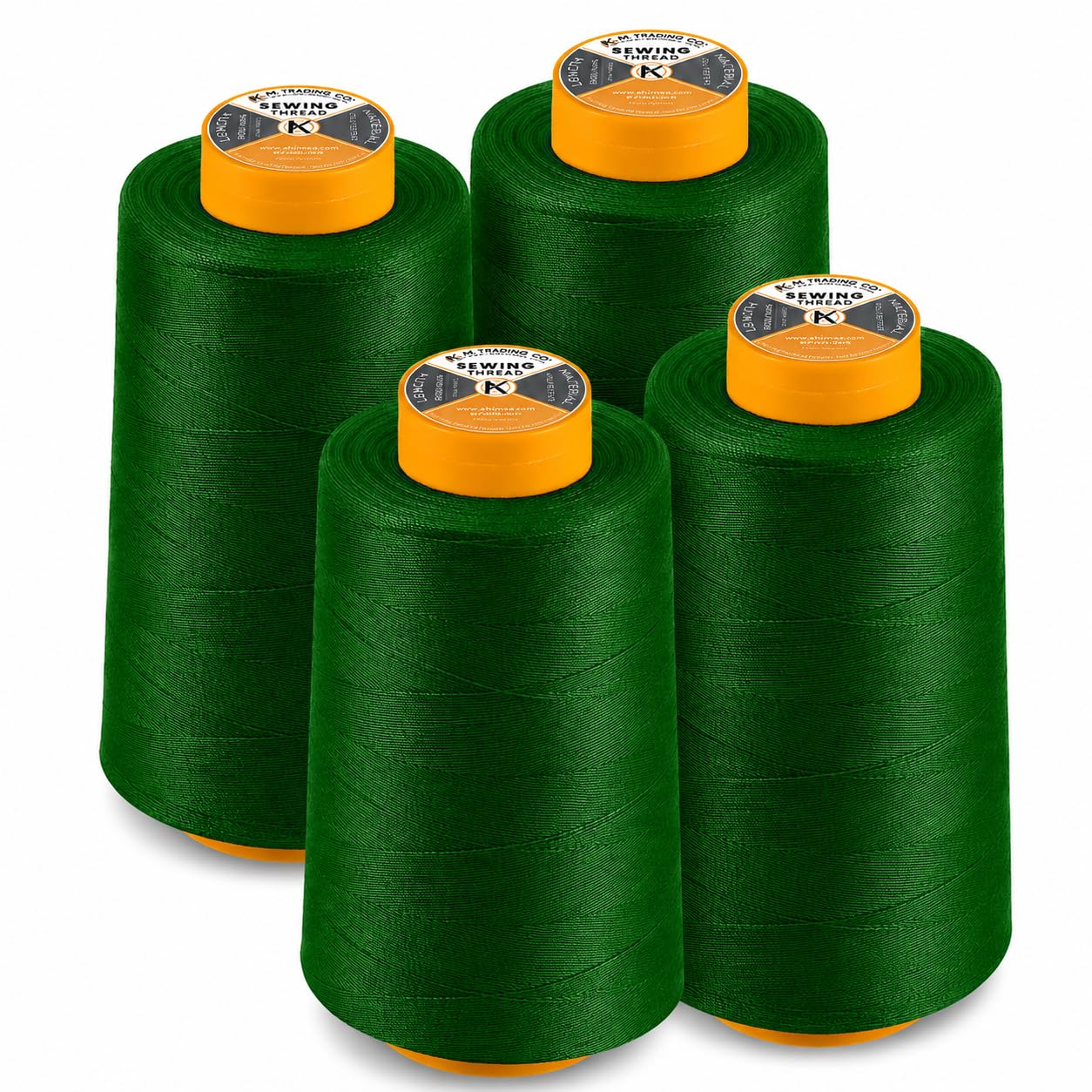 AK Trading 4-Pack Pine Green All Purpose Sewing Thread Cones (6000 Yards Each) of High Tensile Polyester Thread Spools for Sewing, Quilting, Serger Machines, Overlock, Merrow & Hand Embroidery