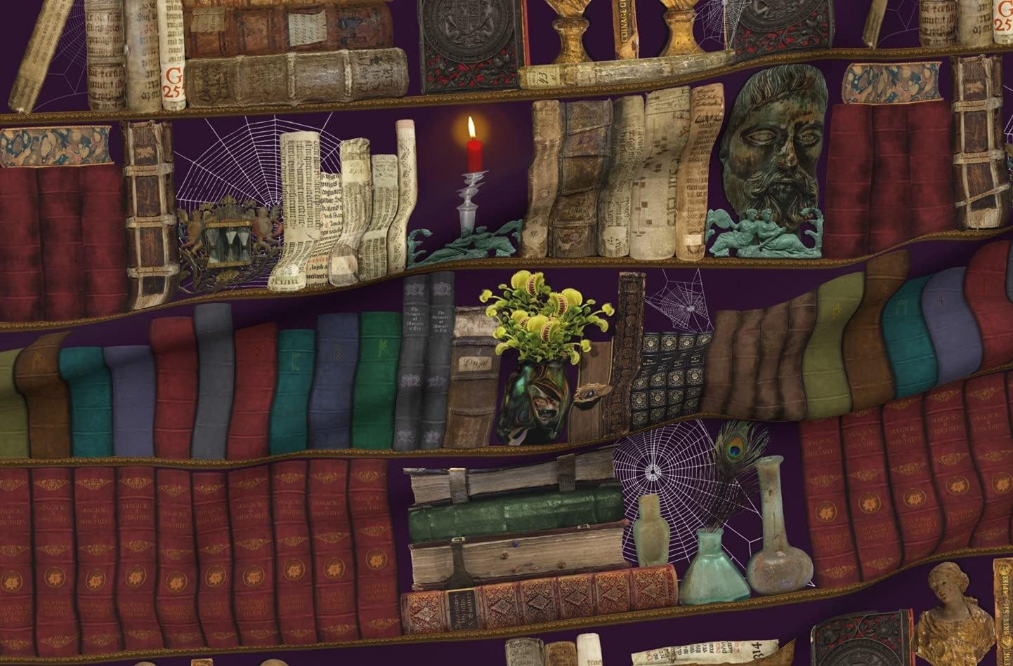 Spoonflower Fabric - Dark Library Magic Books Shelves Magical Whimsical Antique Halloween Printed on Organic Cotton Sateen Fabric by The Yard - Sewing Quilting Apparel Home Decor