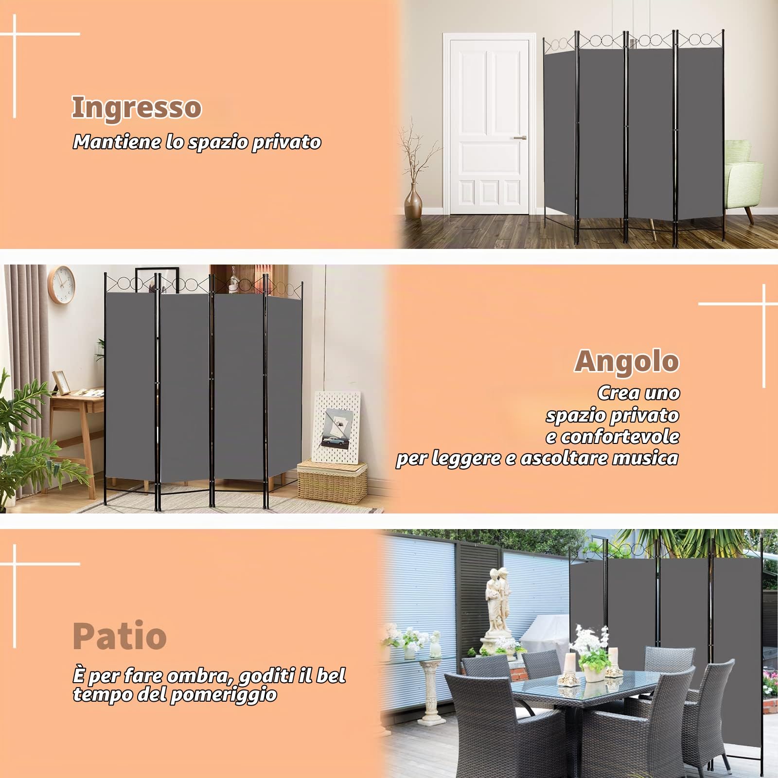 Todeco Separatore Stanza 4 Pannelli 160x180cm Grigio | Schermo privacy camera letto, pleghevole salvaspazio, materiale poliestere resistente, facile riporre garage ufficio