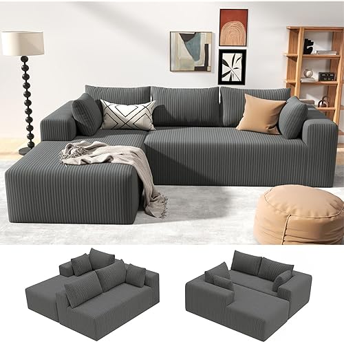 L-Shaped Boneless Couches for Living Room, Cloud Couch with Oversized Chaise, Modular Sectional Sofa w/Deep Seat, Corduroy Comfy Sofa, Couches for Bedroom & Apartment, No Assembly, Grey