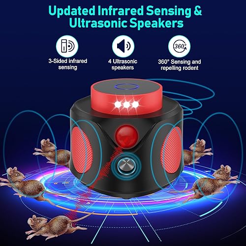 Miniatura 3 de Repelente de ratones para interiores, repelente ultrasónico de roedores, potente repelente de ratones de 360 para casa con detección de 3 caras 9