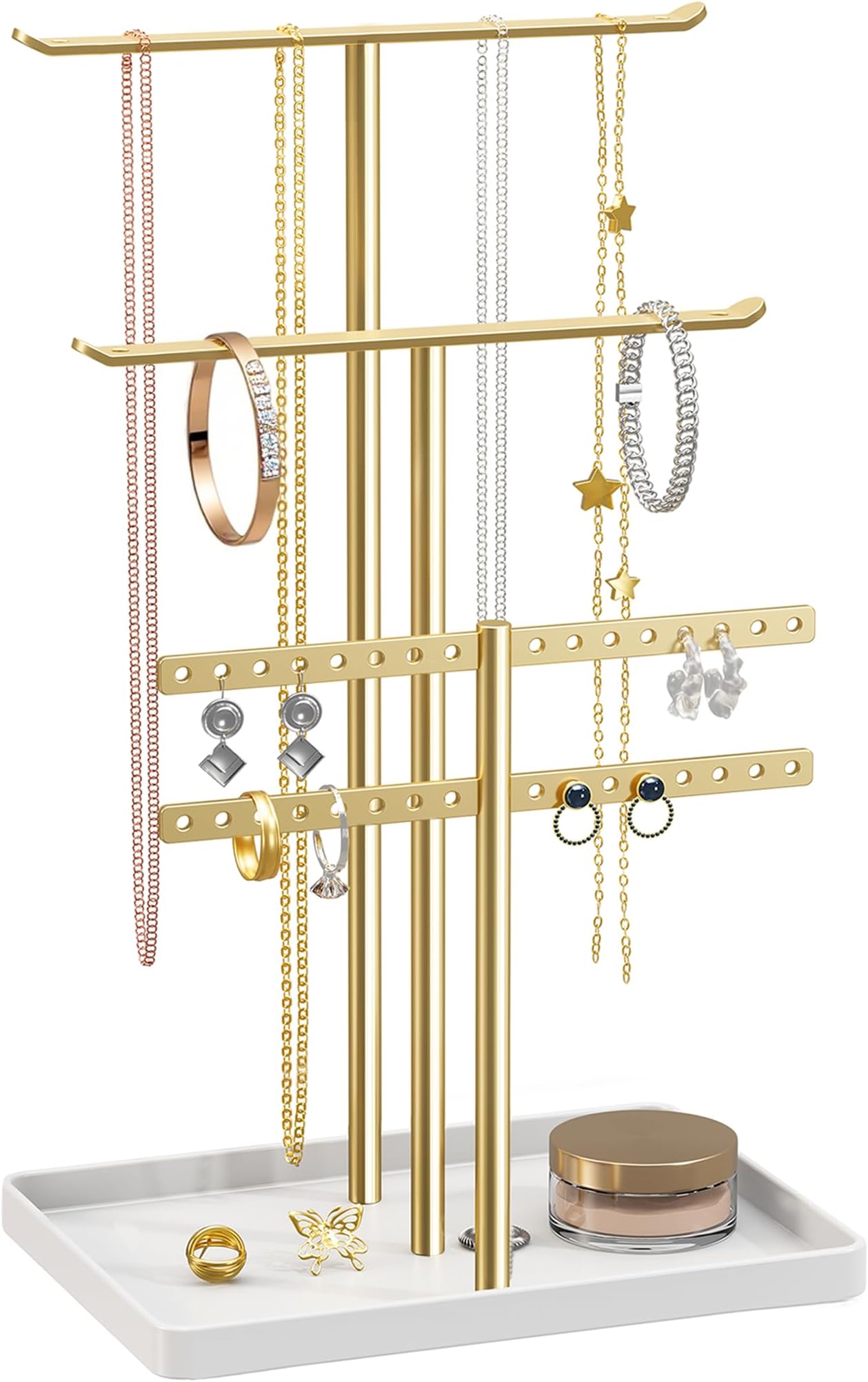 Jewelry Stand Organizer, 32cm Tall Sturdy Metal, 3-Tier Jewelry Holder for Necklace, Earring, Bracelet, Ring, Hanger for Display and Storage, Aesthetic Room Decor, Gold Jewlery Stand with White Tray