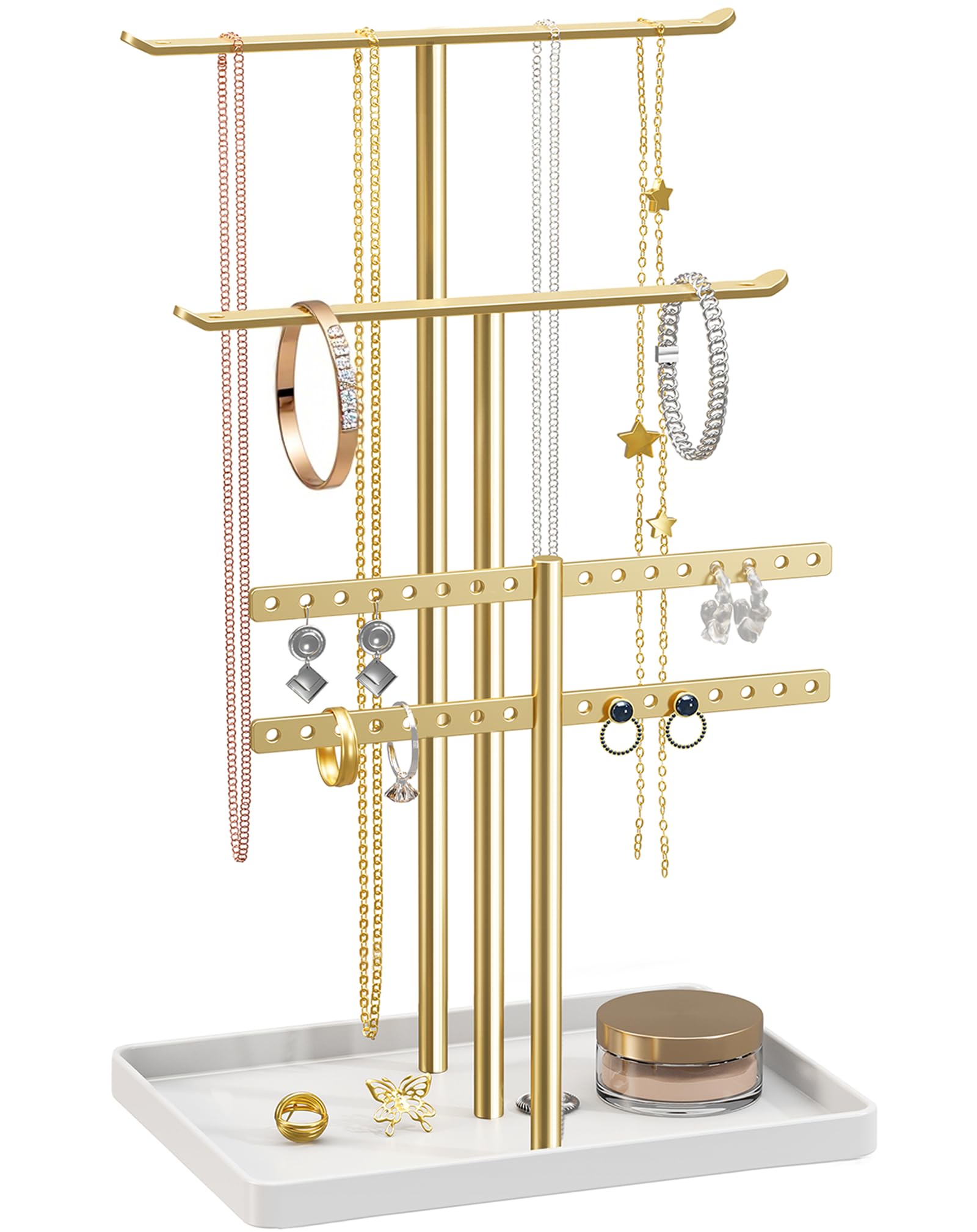 Jewelry Stand Organizer, 32cm Tall Sturdy Metal, 3-Tier Jewelry Holder for Necklace, Earring, Bracelet, Ring, Hanger for Display and Storage, Aesthetic Room Decor, Gold Jewlery Stand with White Tray