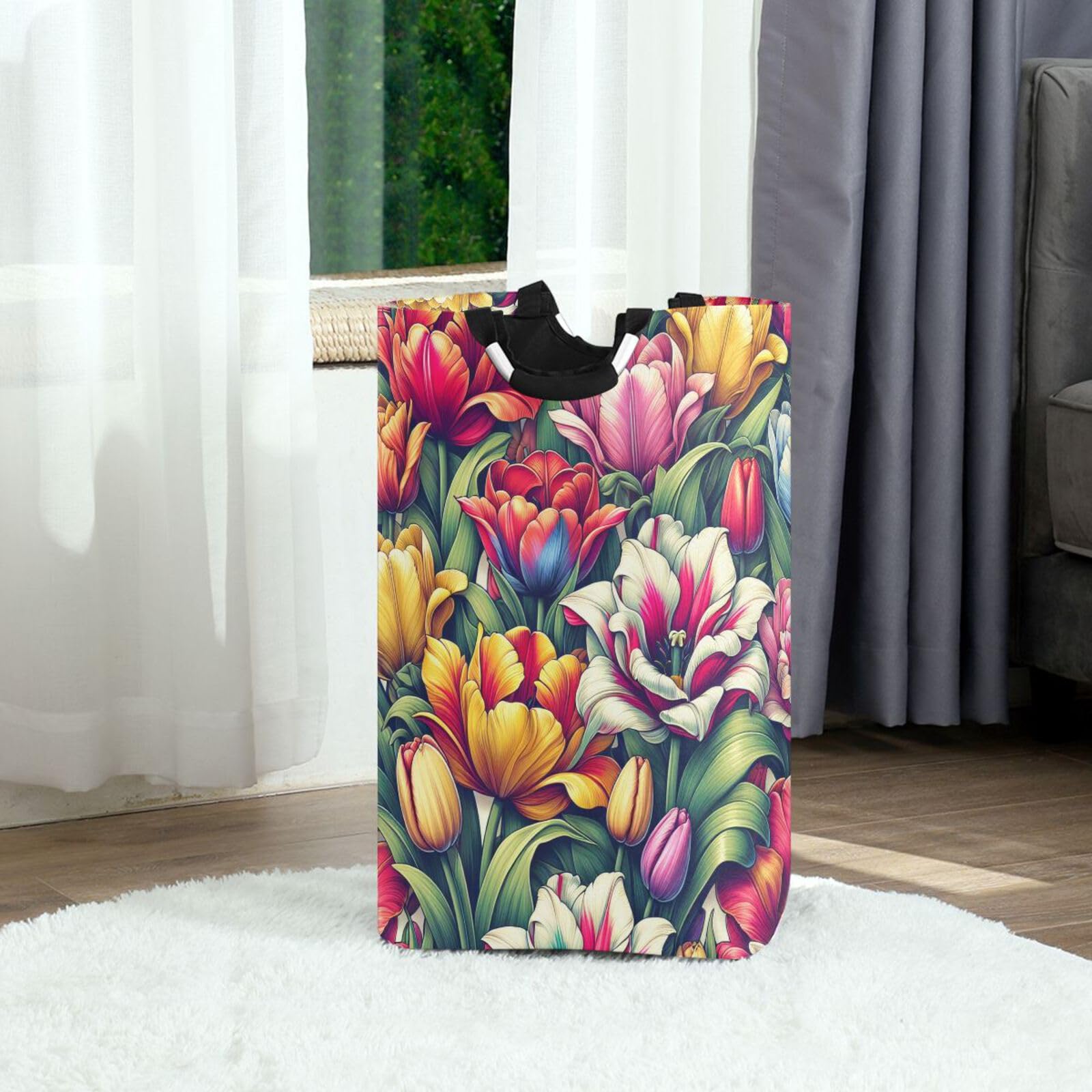 Jihqo Laundry Hamper Basket Vivid Tulips Floral Collapsible Nursery Storage Bin Waterproof Clothing Baskets for Home Bedroom Bathroom Washing Room