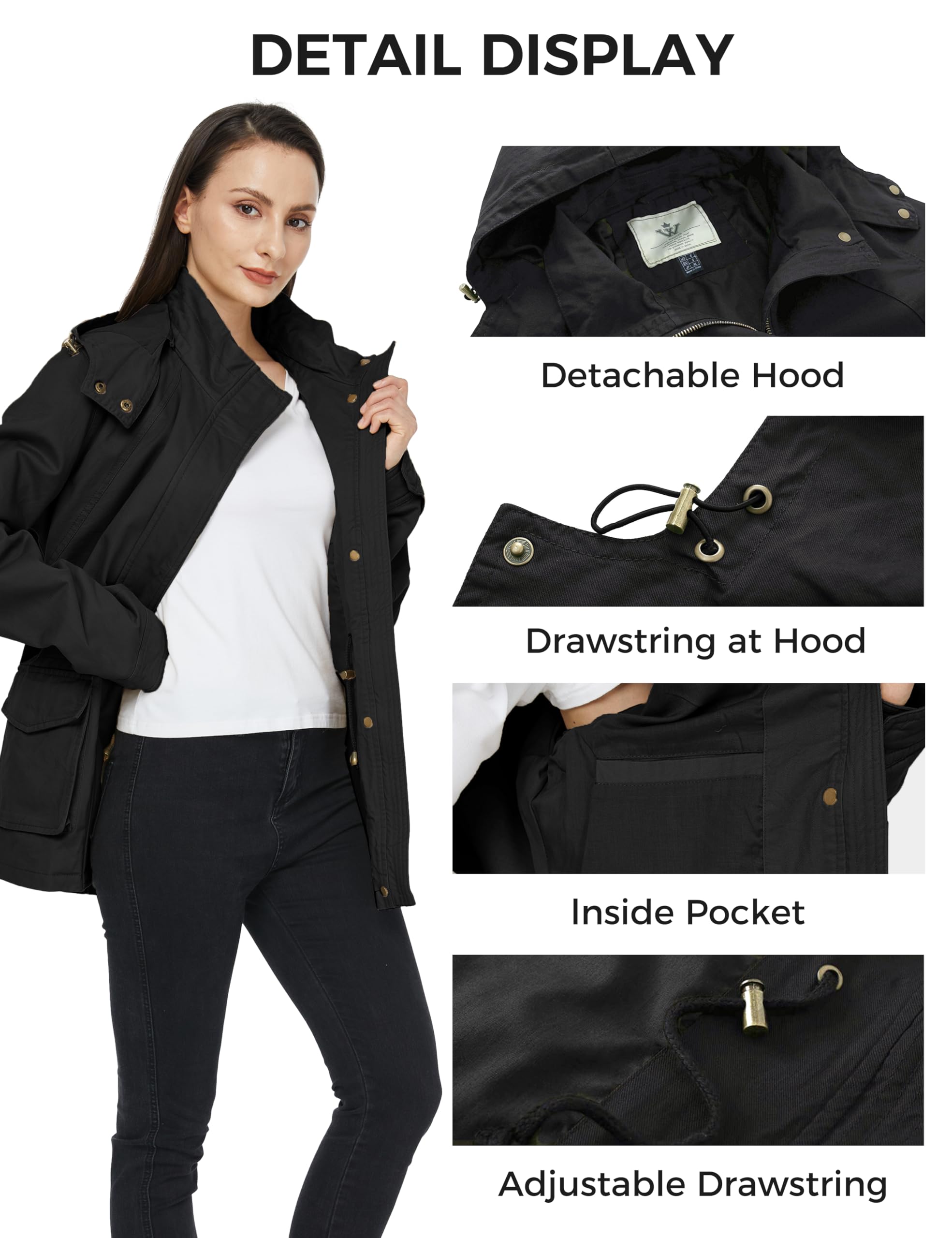 WenVen Veste Femme mi Saison Parka Grande Taille avec Capuche Amovible Veste Militaire Coupe Ajustée Veste Classique Automne Hiver Manteau Trench Coat Manteau en Coton