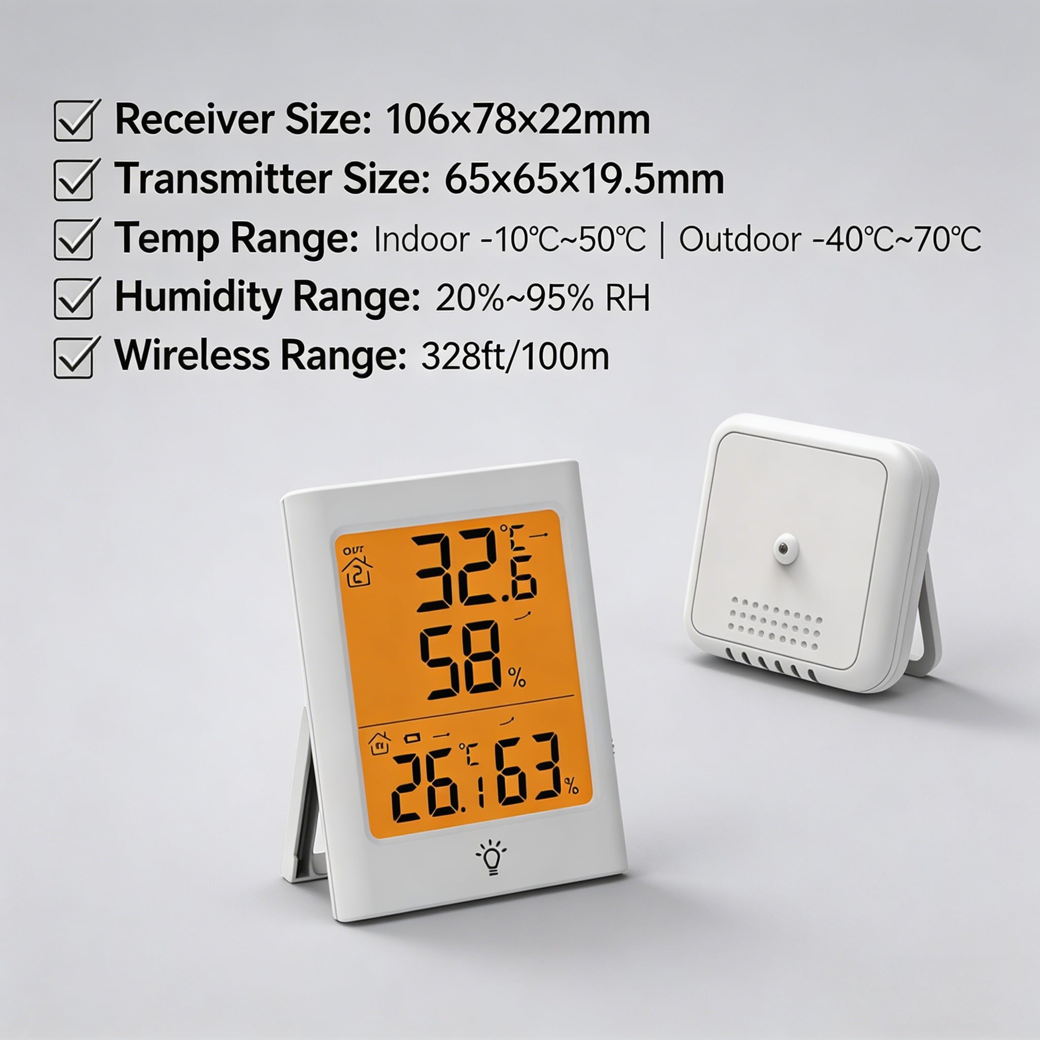 Termómetro inalámbrico higrómetro con sensor exterior, monitor digital de humedad, registro máximo/mín, pantalla LCD, para interior y exterior
