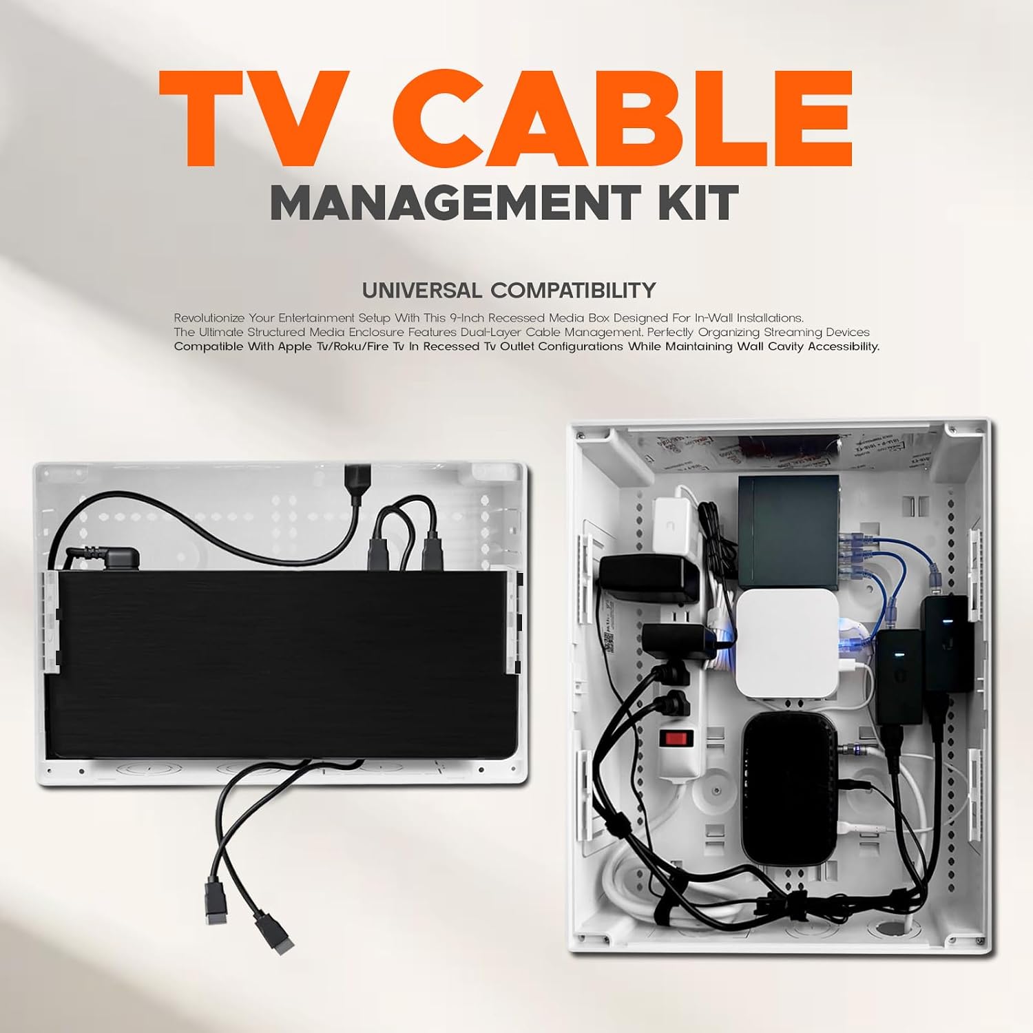 in-Wall Media Box - TV Cable Management Kit, Structured Media Enclosuree, Home Theater Box, for Roku, Apple TV, Samsung One Connect Mini - WiFi Friendly, Dual Purpos, White-9"