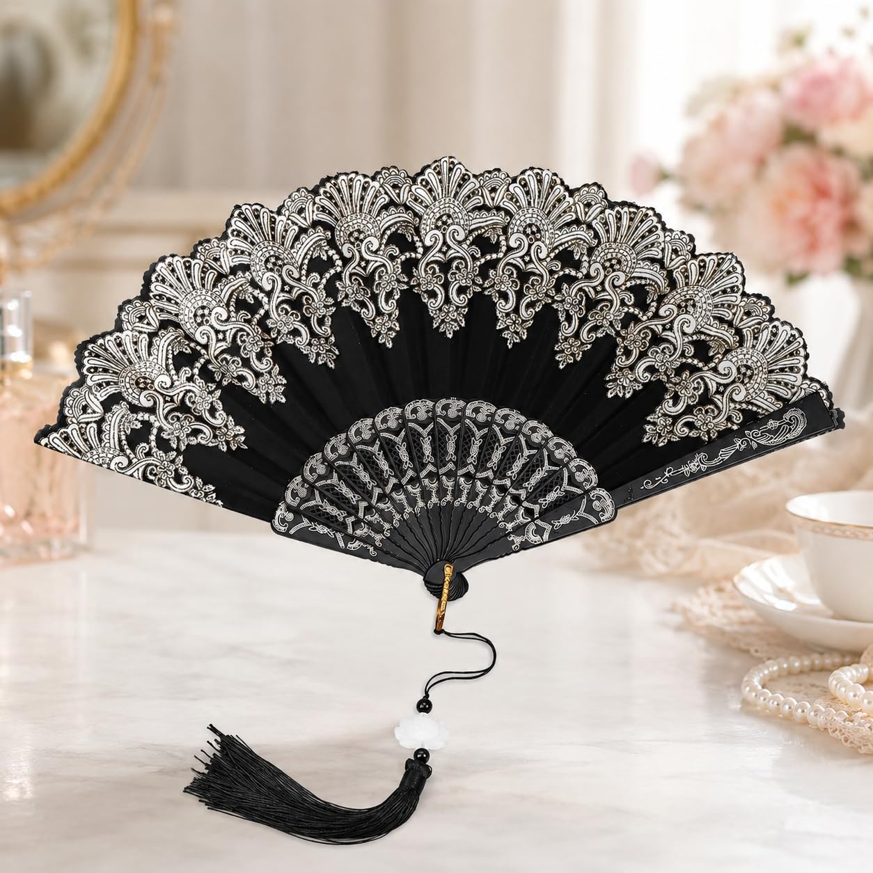 Lace Handheld Folding Fan with Tassel and Carved Ribs for Dance, Black