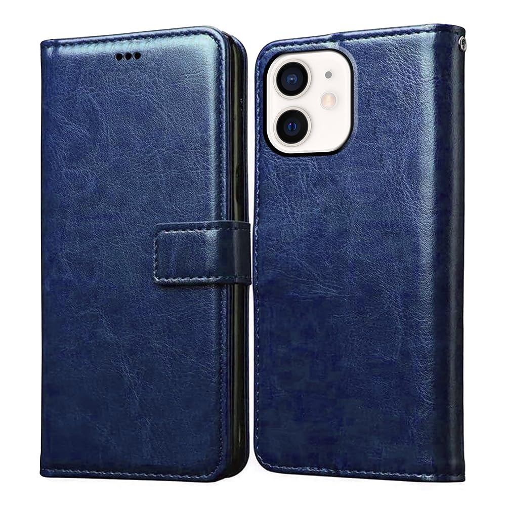 Amazon Brand-Solimo Flip Leather Mobile Cover (Soft & Flexible Back case) for Apple iPhone 12 Mini (Blue)