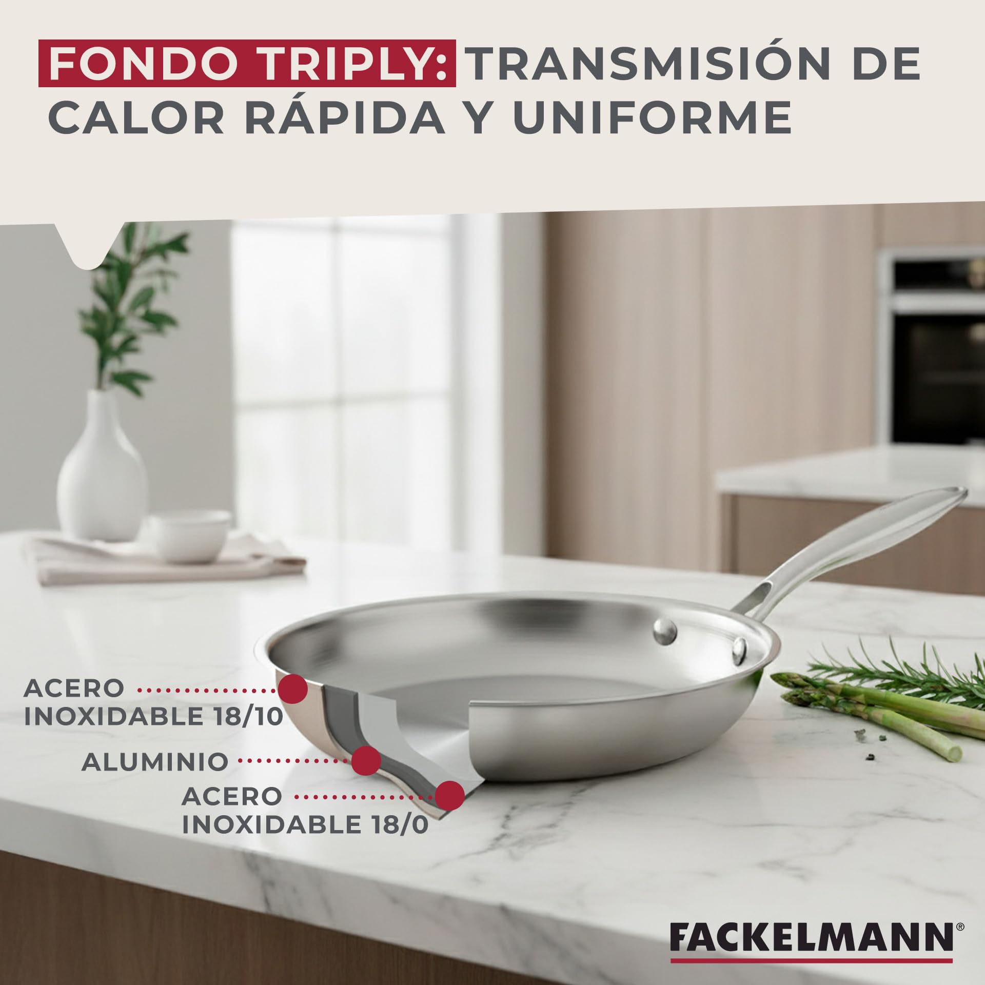 Fackelmann Vita3 Set de Sartenes, incluye Sartén 26 cm y Sartén 28 cm, Acero Inoxidable Triply sin Antiadherente, Libre de PFA, Aptas para Inducción y todo tipo de Cocinas, Aptas para Lavavajillas