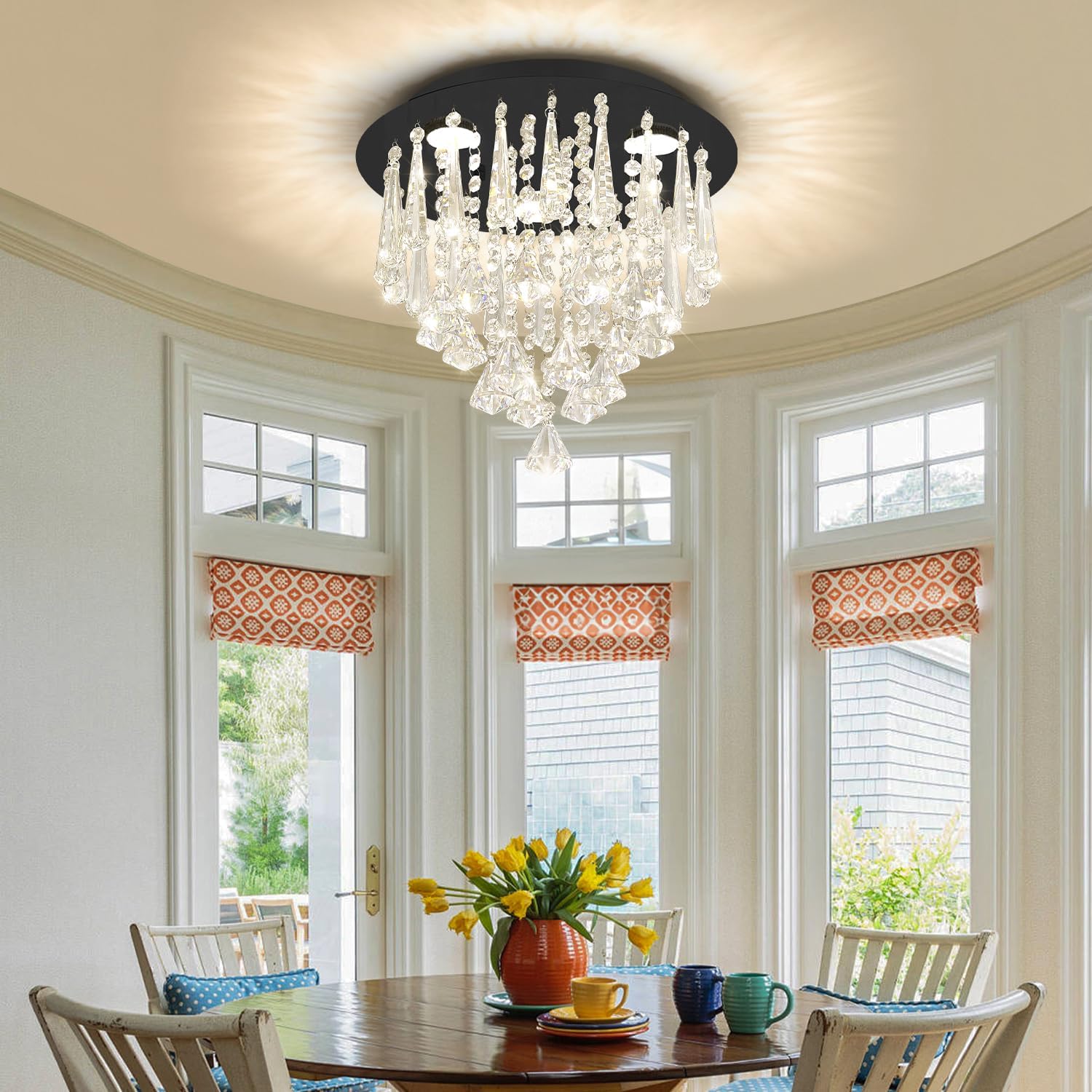 14" Black K9 Crystal Flush Mount Chandelier, Modern Dimmable Raindrop LED Ceiling Light Fixture for Entryway, Kitchen Island, Living Room, Bedroom