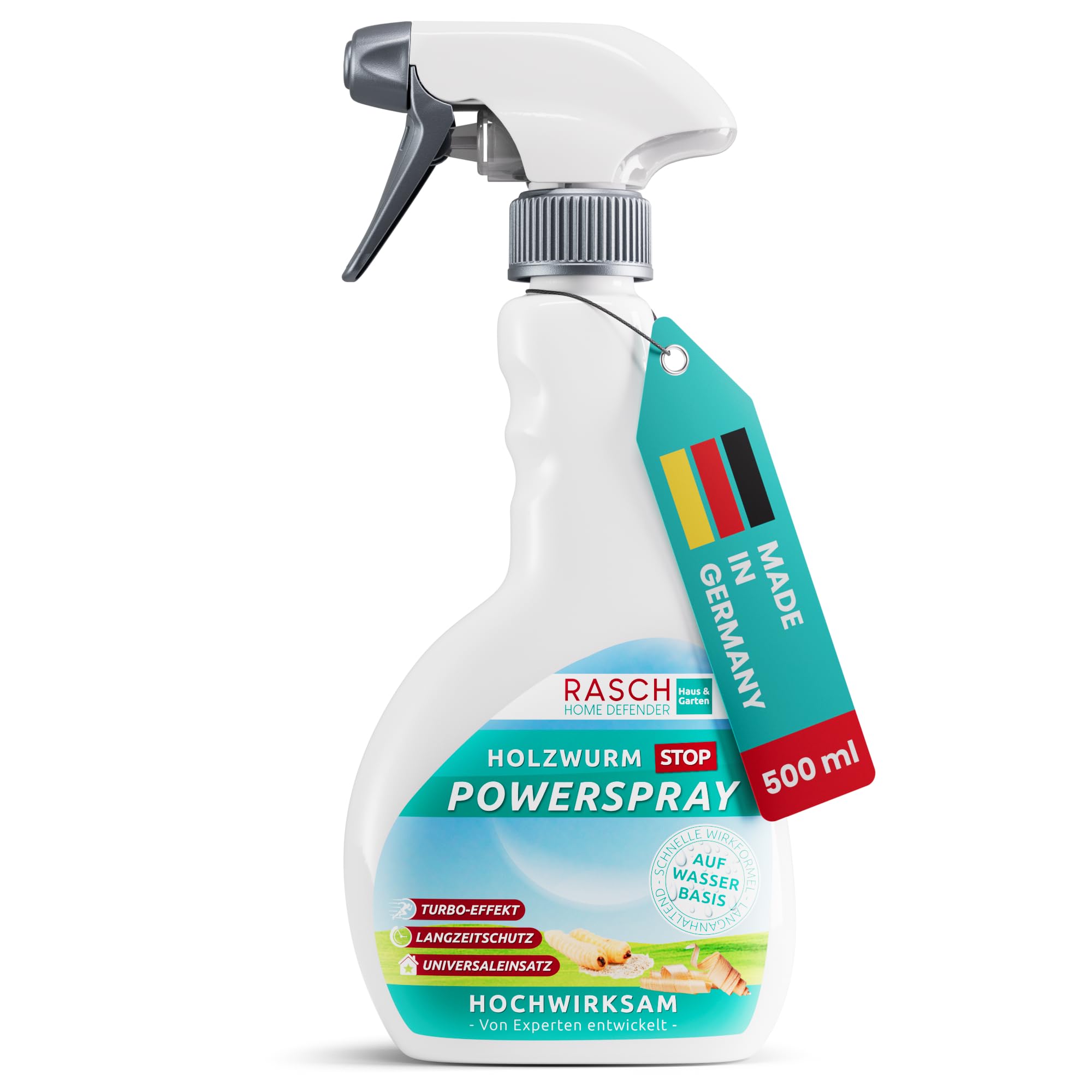 Rasch® Home Defender Holzwurmspray [500ML] - Anti Holzwurm Spray - Mittel für Holzwurmtod - Holzwurmmittel - Holzschutzspray gegen Holzwürmer - Holzschutzmittel Sprayflasche gegen Holzwurmbefall