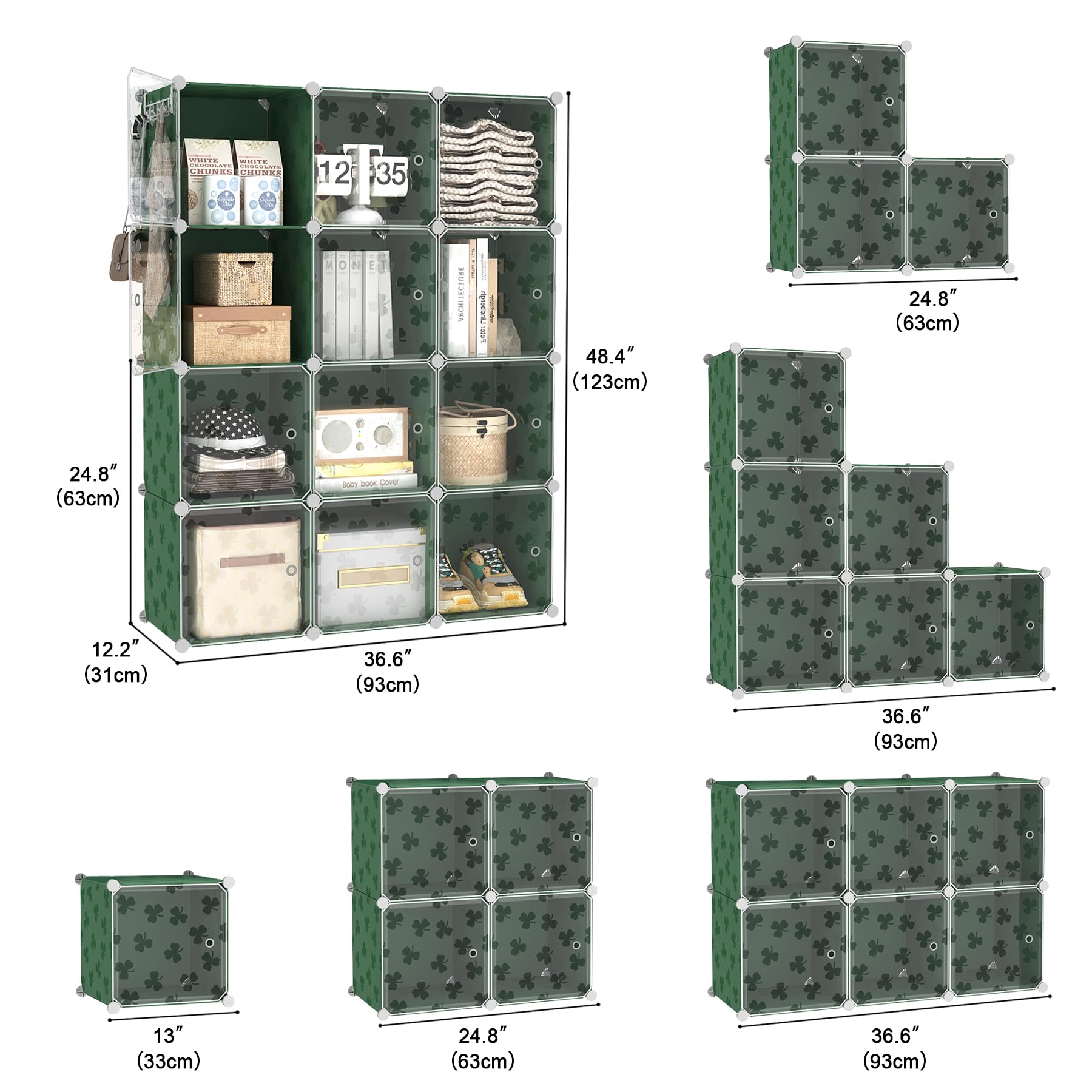 C&AHOME Organizzatore di contenitori a cubo con ante, ripiani a 12 cubi, armadio, libreria modulare in plastica fai-da-te ideale per camera da letto, soggiorno, verde