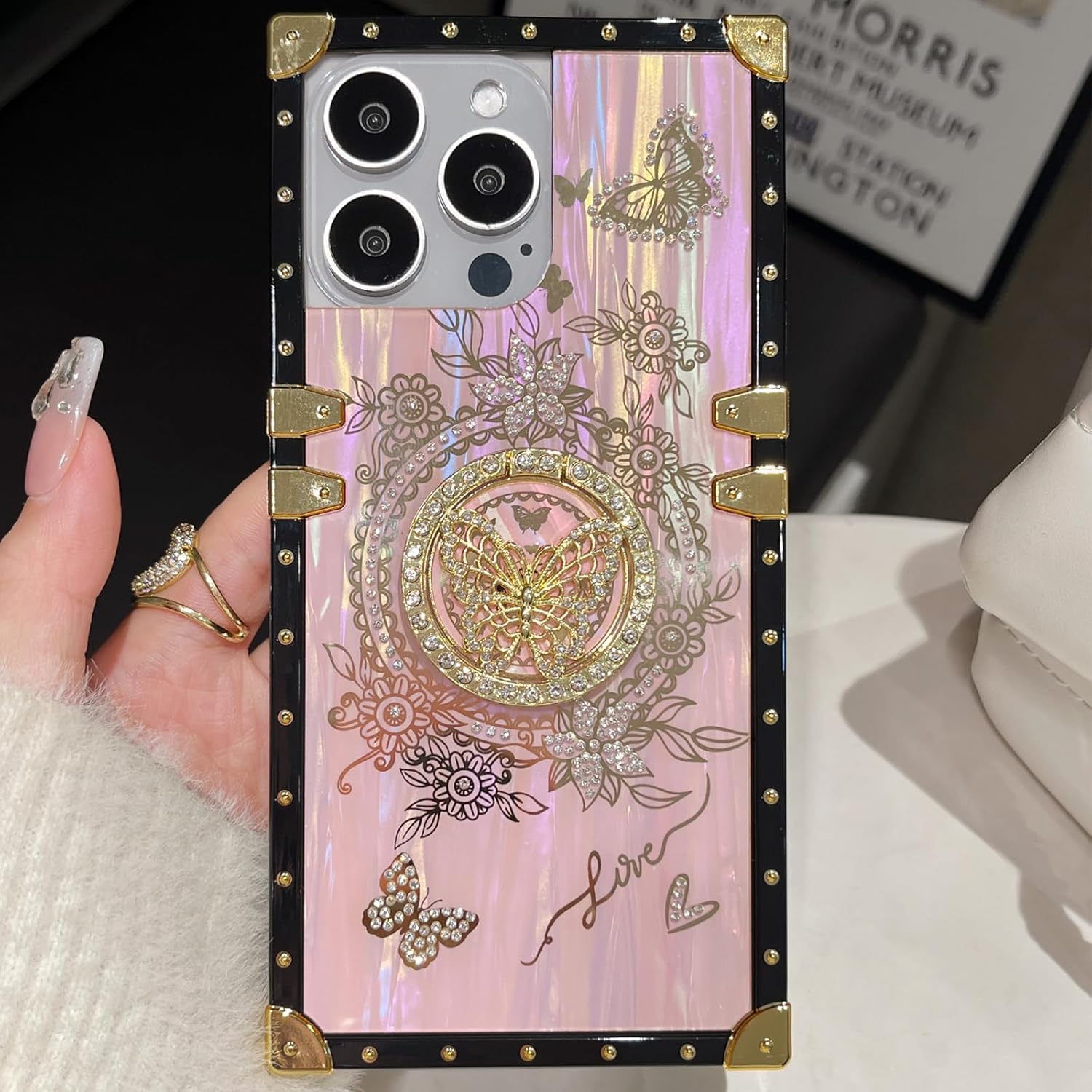 Glitter Kickstand Case for iPhone 15 Pro Max, Cute Luxury Bling Sparkly Rhinestone Butterfly with Ring Stand Floral TPU Bumper Shockproof Phone Case for Women Girls for iPhone 15 Pro Max,Pink - Image 6