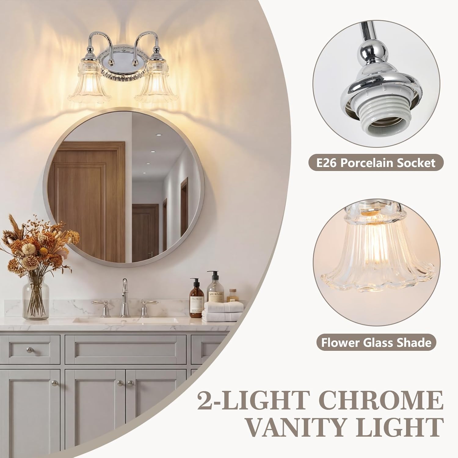 2-Light Bathroom Light Fixtures Vintage Chrome Vanity Lights Over Mirror with Floral Glass Shade for Bathroom Powder Room, Living Room Hallway