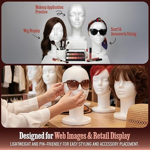 Miniatura 5 de STUDIO LIMITED Cabeza de maniquí de espuma de poliestireno de 11.4 pulgadas (paquete de 2) – Soporte de exhibición de peluca de espuma blanca
