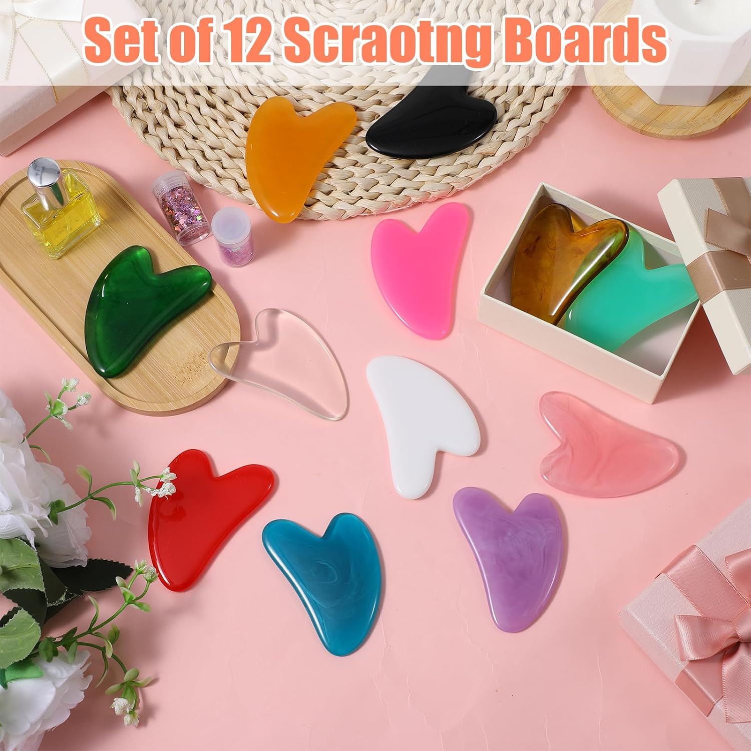 24 Pcs Gua Sha Facial Tool, Heart Shaped Resin Gua Sha Stone for Face Body Massage, Guasha Board for Skin Spa, 12 Colors, 3.19 x 2.17 Inches Each