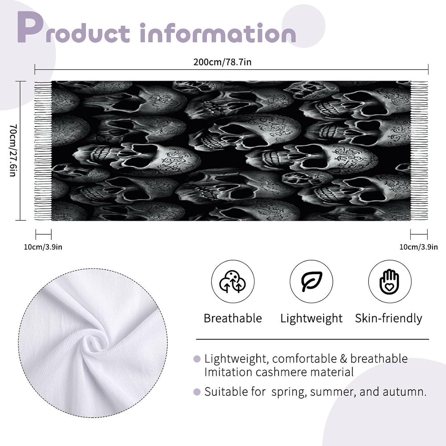 Black Skull Scarf for Women Men Classic Fashion Blanket Scarves Soft Cashmere Feel Scarf Cold Weather Warm Long Shawl Winter Large Scarves Classic Blanket Scarfs Thick
