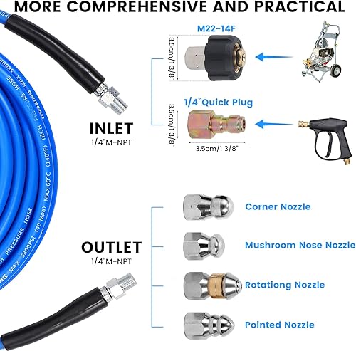 Miniatura 3 de Kit de chorro de alcantarillado a presión de 100 pies, manguera limpiadora de drenaje de chorro de agua de 5800 PSI con boquilla de nariz de botón