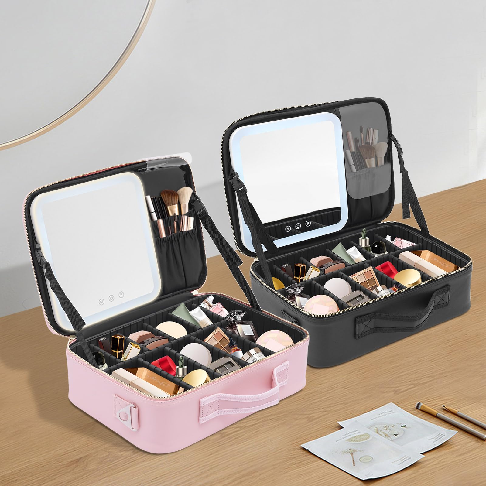 Make-up Tasche Mit LED Spiegel, große Kapazität Make-up Tasche Werkzeug Aufbewahrungstasche, Make-up Pinsel, Kosmetik Aufbewahrungsbox Tragbar Zwei Farben (rosa)