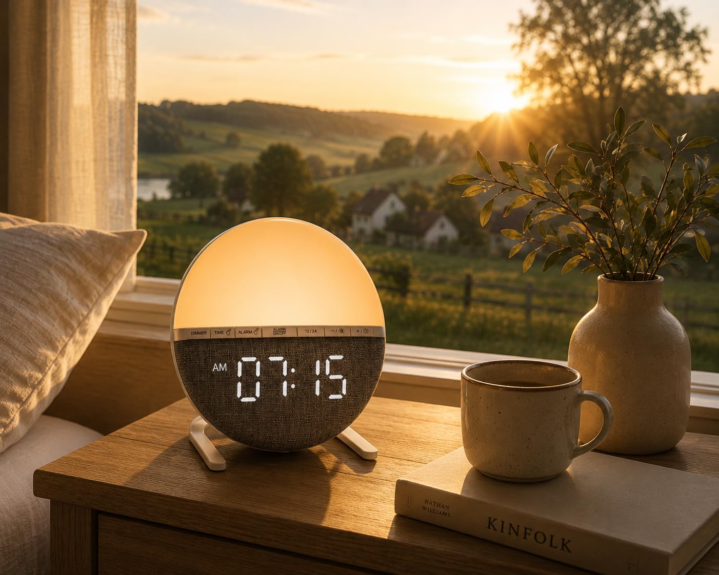 Aurora Clock™ Lichtwecker mit Digitaluhr, Sunrise Simulation, Dimmbares Ambientelicht, USB-Betrieb, Runde Form