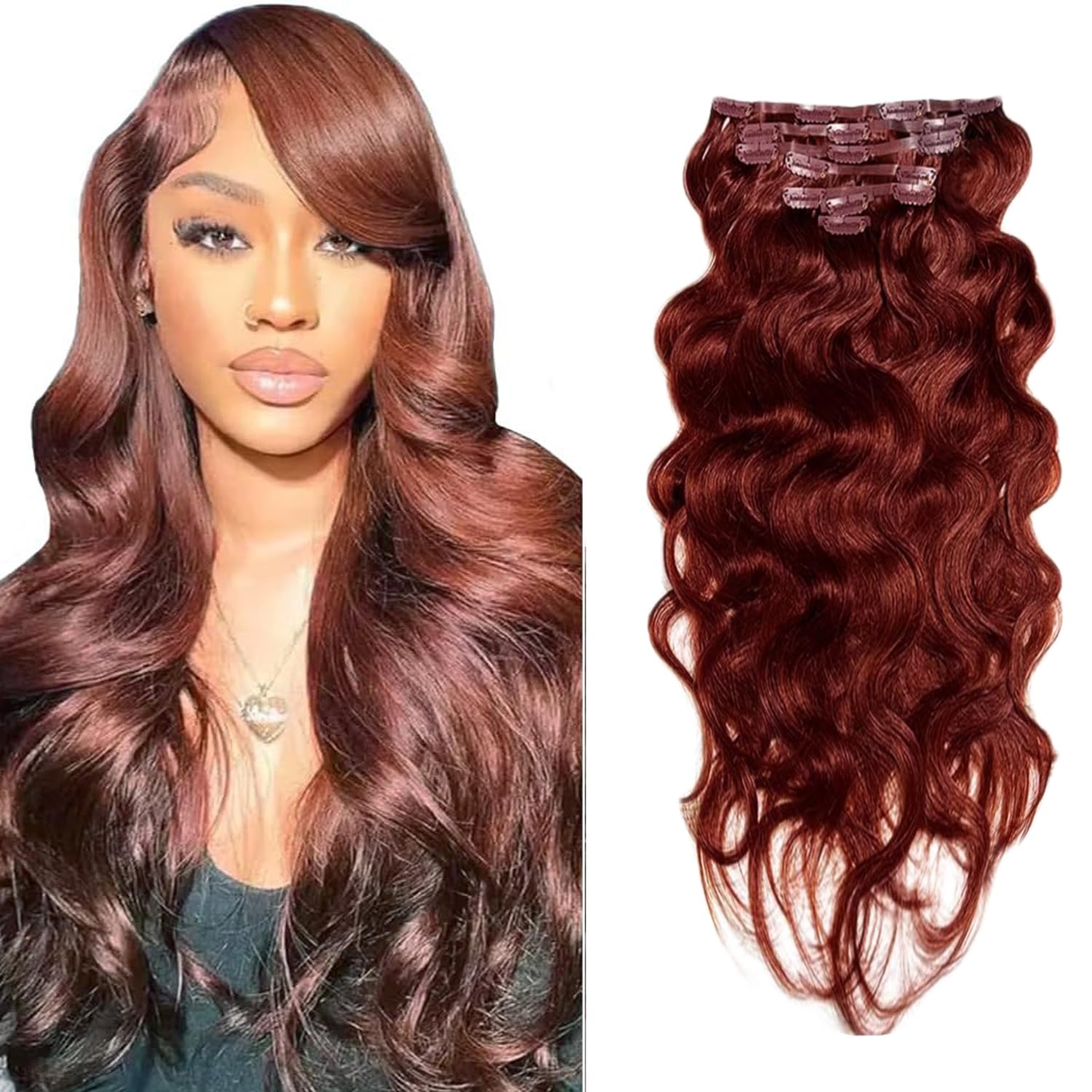 Photo 1 of #33 Reddish Brown Clip in Hair Extensions Real Human Hair, 20 Inch 120g/7Pcs,Full Shine Remy Human Hair,Copper Red Long Wave Clip ins Brazilian Virgin Human Hair Extensions