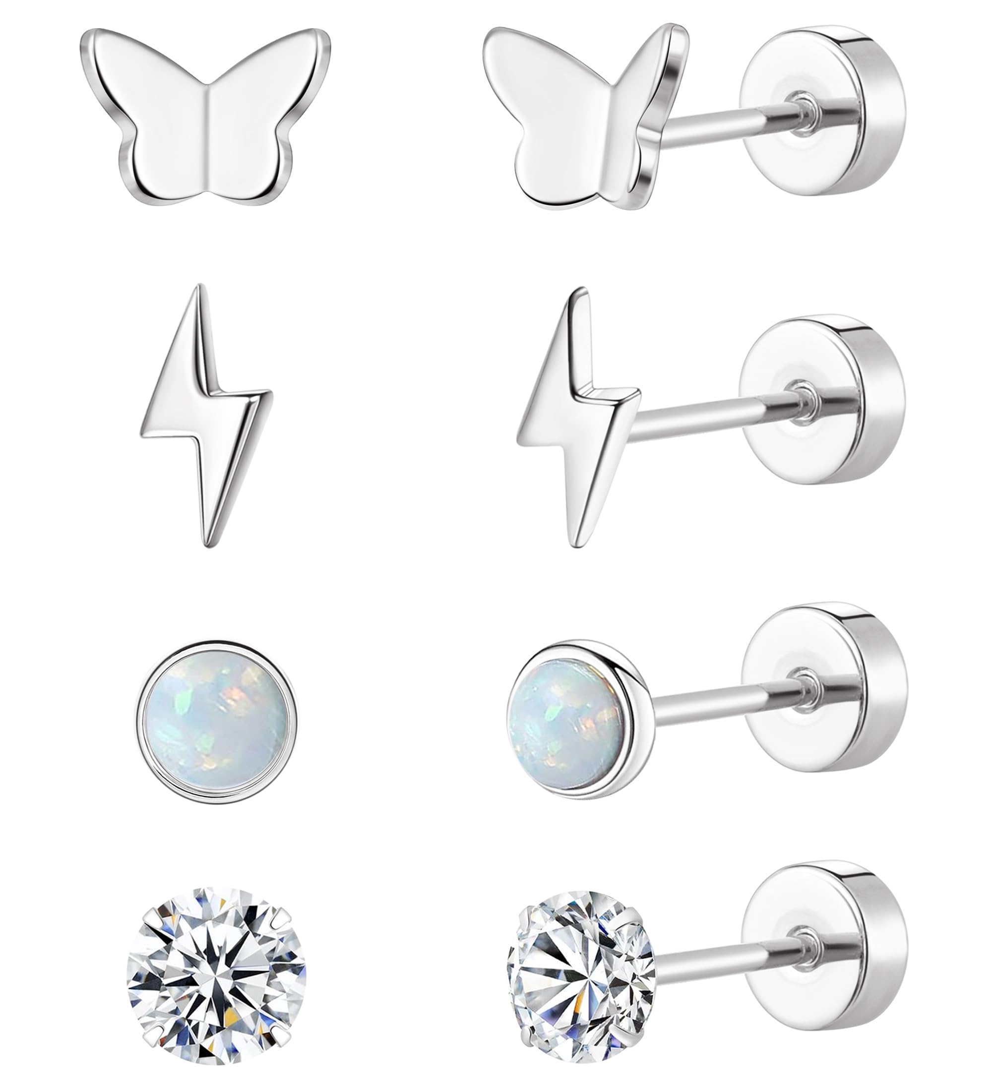 MJust Flat Back Titanium Earrings for Women & Men, 4 Pairs Hypoallergenic Titanium Earrings for Sensitive Ears, Screw Back Cartilage Earrings Set with CZ & Opal