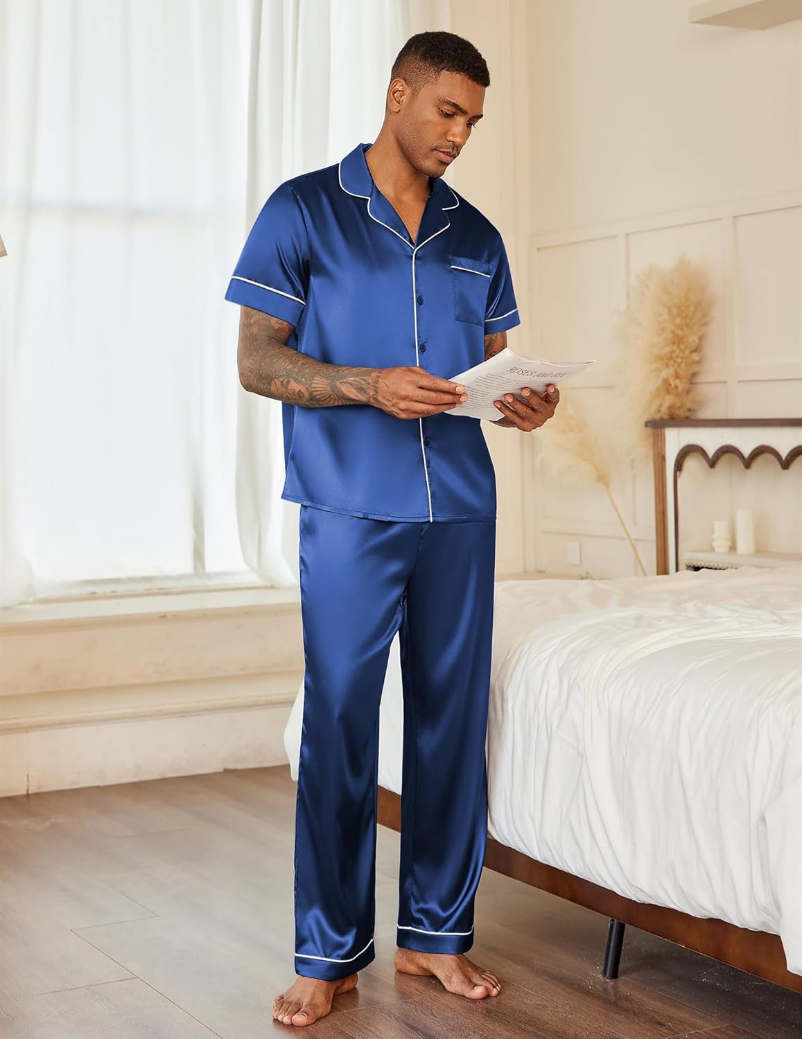 Ekouaer Mens Satin Pajama Set Short Sleeve Button Down Sleepwear Classic Loungewear Set with Long Pants - Image 2