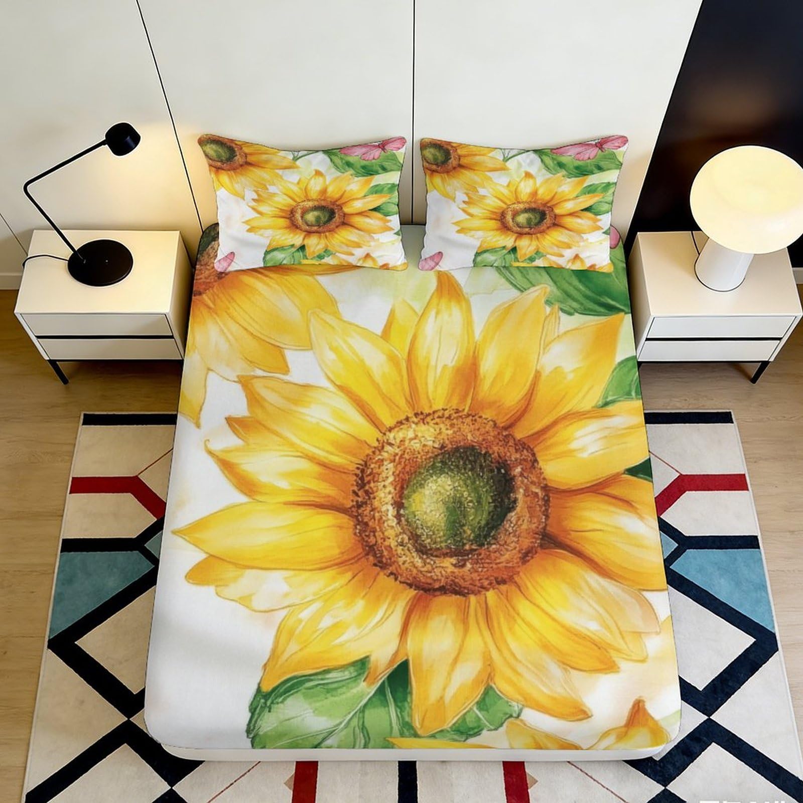 3D Printed Sunflower Fitted Sheet Microfiber Deep Pocket Sunflower Mattress Fitted Cover Non-Slip Elastic Hem Washable Bedding 200x200x25cm