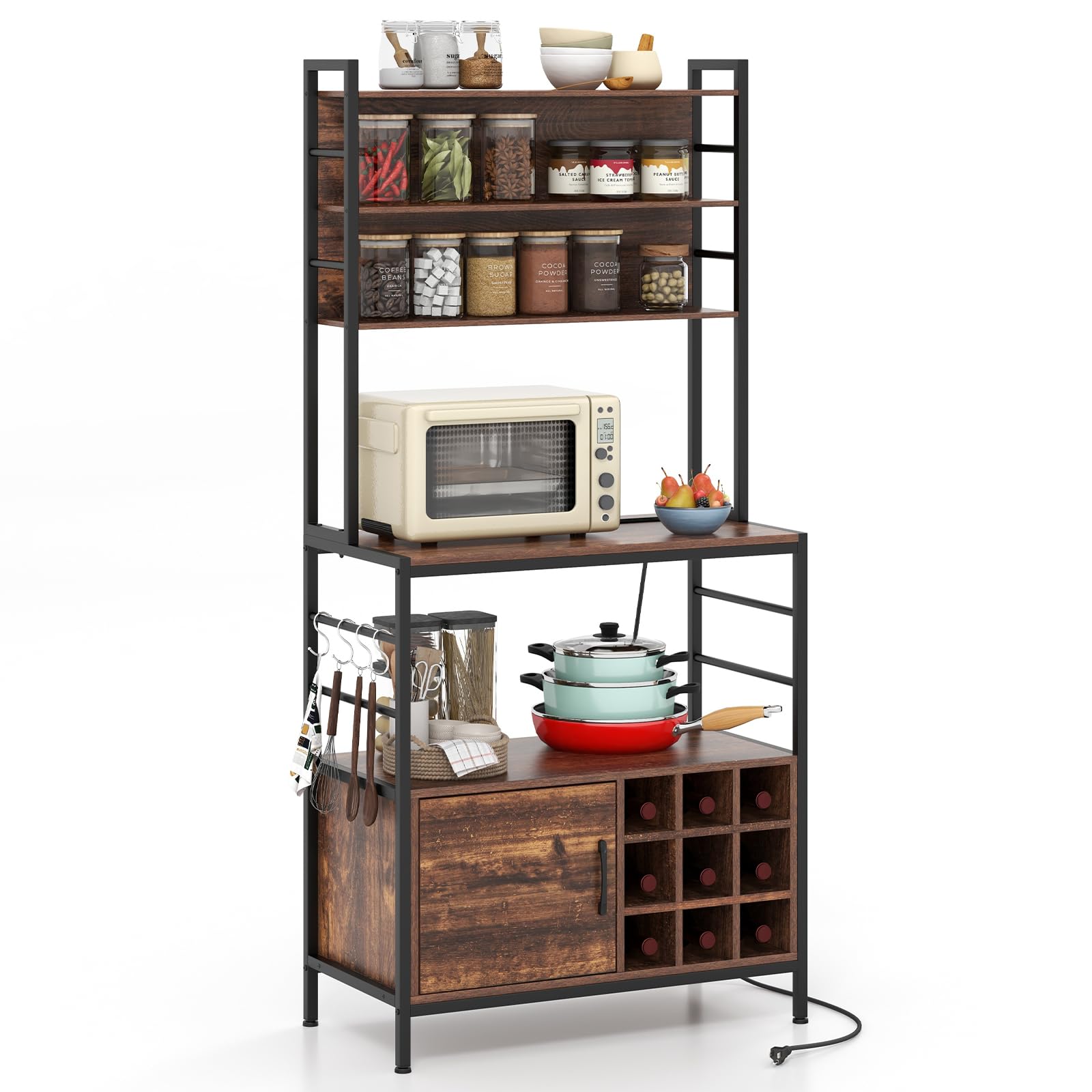KOMFOTTEU Küchenregal mit Steckdose 170cm Hoch, Bäckerregal aus Holz & Metallrahme, Mikrowellenregal mit S-förmigen Haken & Weinflaschenhaltern, Aufbewahrungsregal mit Lagerschrank (Rustikales Braun)