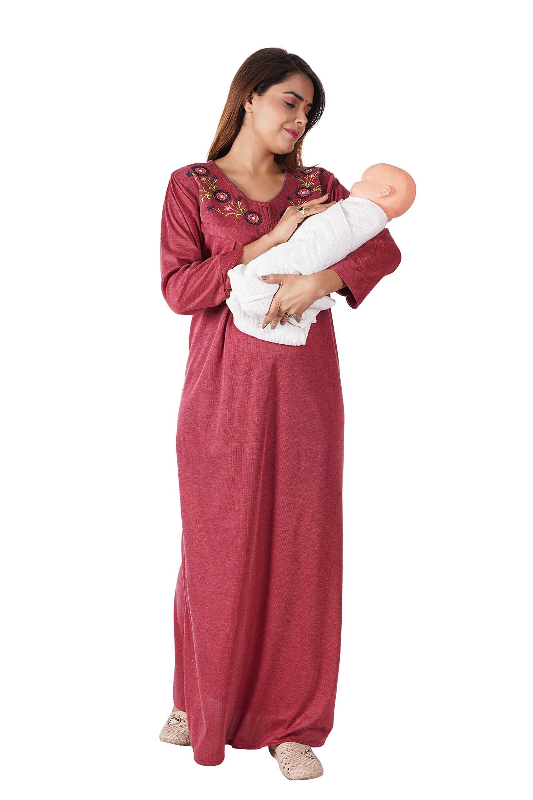 Women's Baby Feeding Printed Full Sleeves Maternity Nighty with Both Side Chain Nightdress Maxi | Size-X-Large, V Shaped Neck (Article-FD-059B) Maroon-image-36
