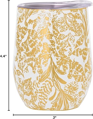 Miniatura 5 de Lilly Pulitzer Vaso aislado de 12 onzas con tapa, copa de vino de viaje de acero inoxidable, taza de metal de doble pared, Calypso Coast (dorado)