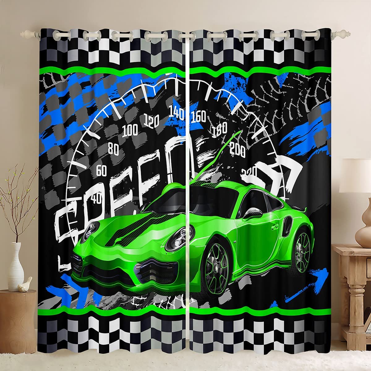 Feelyou Boys Race Car Window Treatments Race Sports Car Window Drapes for Kids Boys Sports Theme Curtains Checkered 30%-50% Blackout Curtain Fluorescent Green 42W X 63L,2 Panels