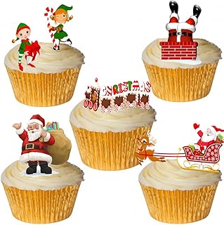 24 Stand Up Cute Santa & Elf Christmas Themed Premium Edible Wafer Paper Cake Toppers Decorations