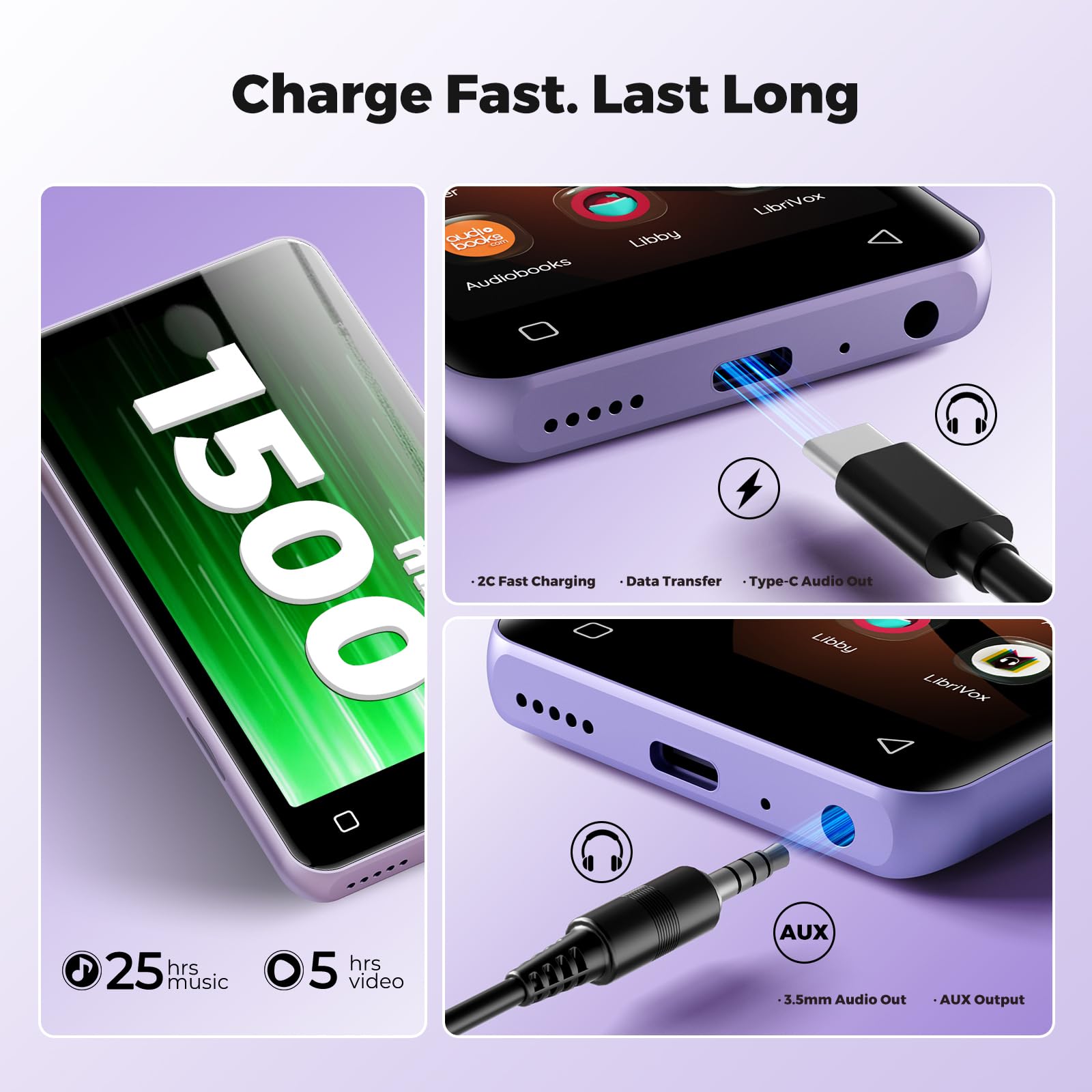 Innioasis Lecteur MP3 160 Go avec Bluetooth et WiFi, Lecteur de Musique Android avec Spotify, Amazon Music,Lecteur MP3 à écran Tactile Complet de 4 Pouces avec Audible, Libby (Violet)