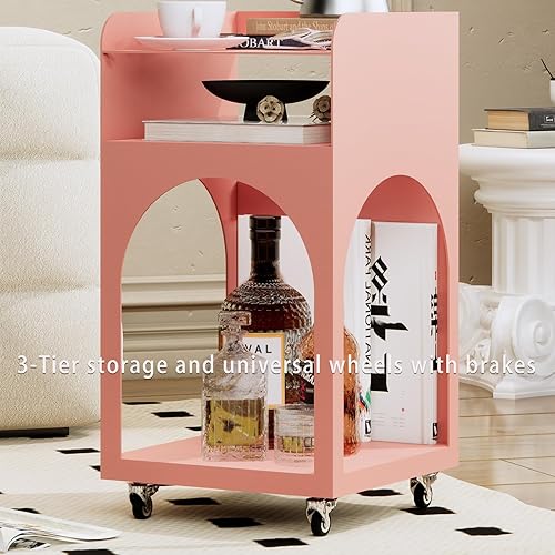 Miniatura 5 de BUZUEY Mesa auxiliar, mesita de noche moderna, mesita de noche, mesa de metal con almacenamiento de 3 niveles y ruedas para sala de estar,