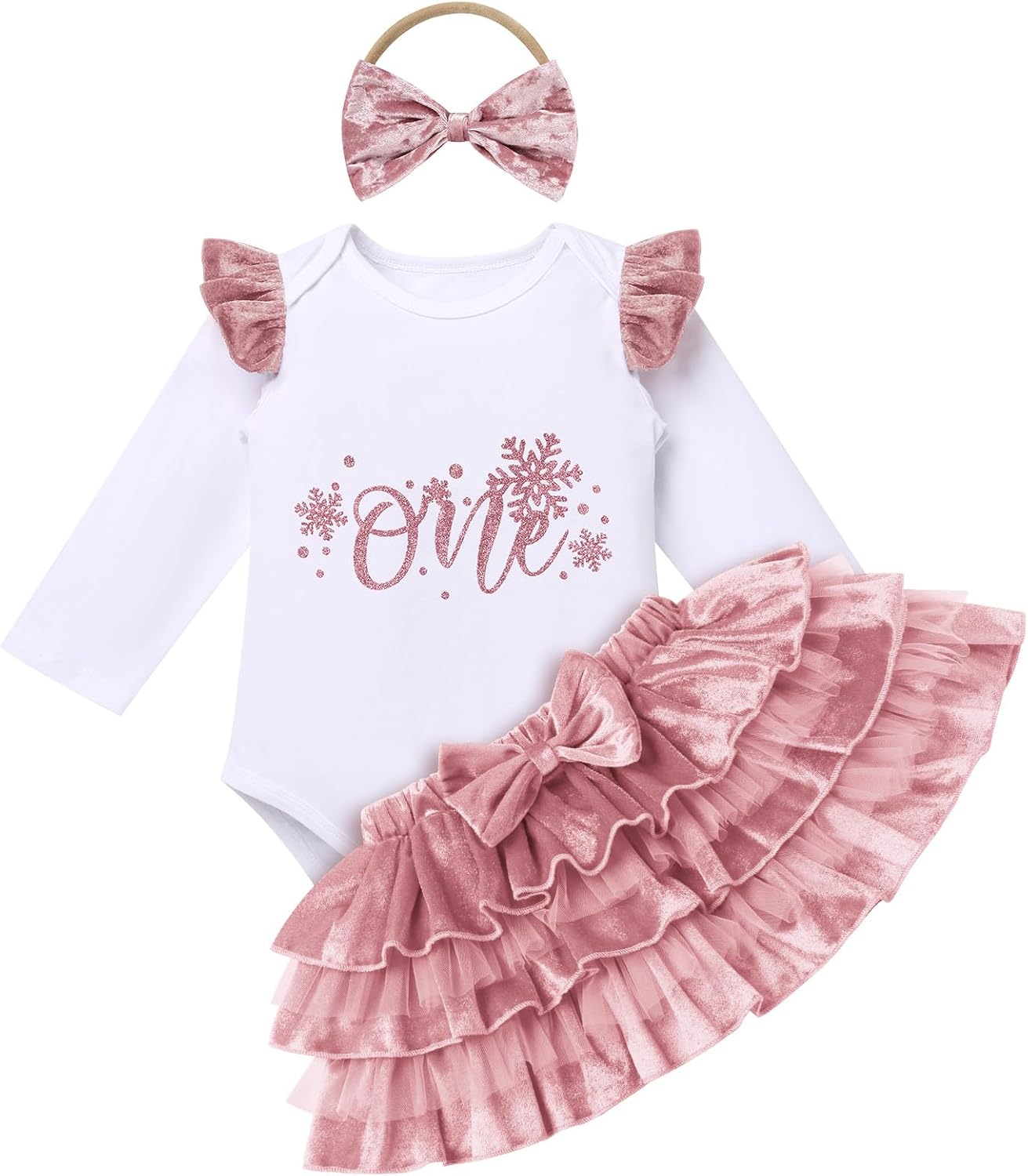 ODASDO Baby Girl Fall Winter 1st Birthday Cake Smash Outfit Cotton Long Sleeve Romper Velvet Skirt Headband Set