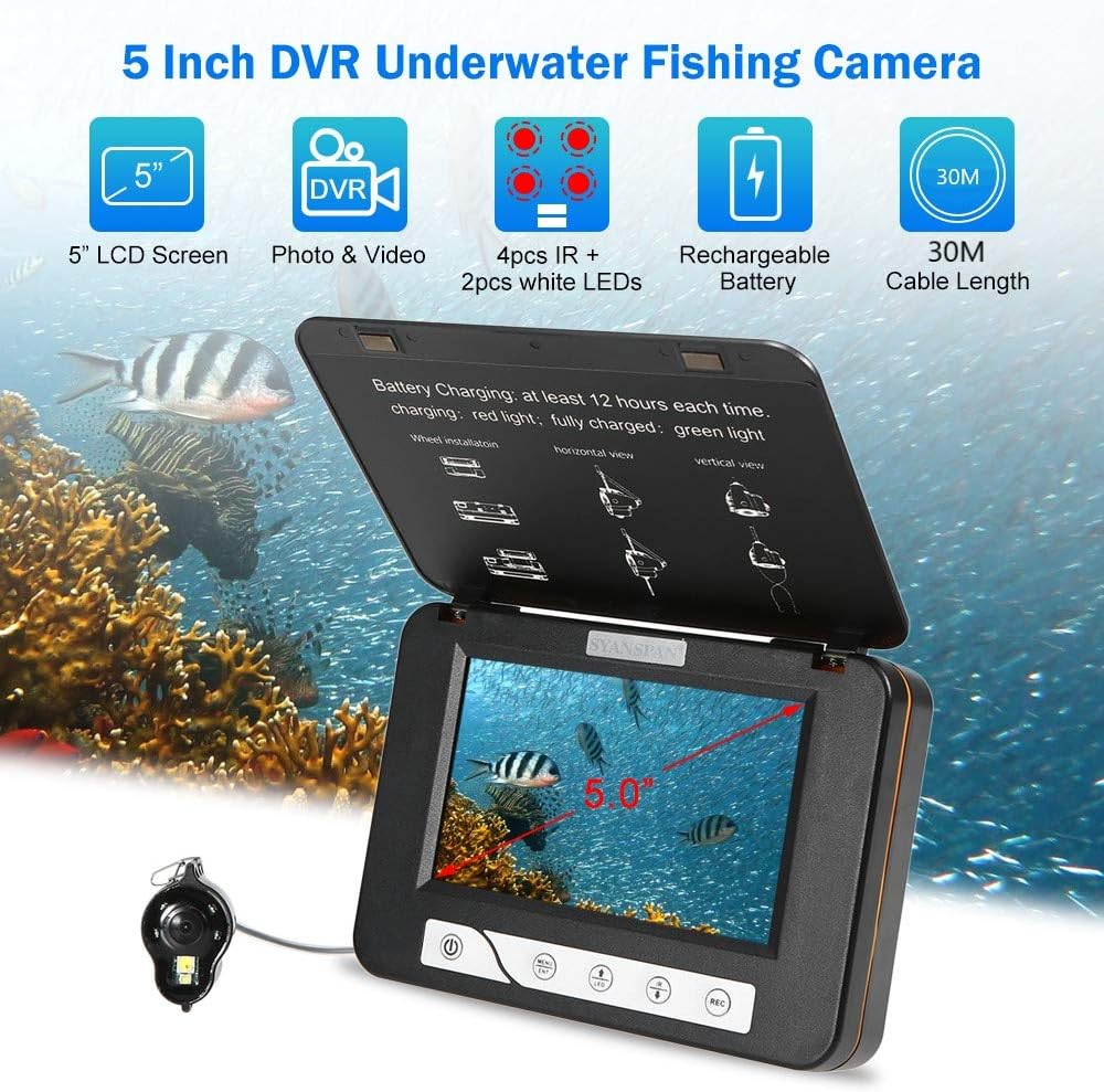 Nеw Arrіvаlѕ MOOCOR Underwater Fishing Camera HD 1000 TVL 5 Fish Finder Video CAM White Infrared Night Vision LED DVR 8GB for for Ice Lake Sea Boat Kayak Fishing (98ft)