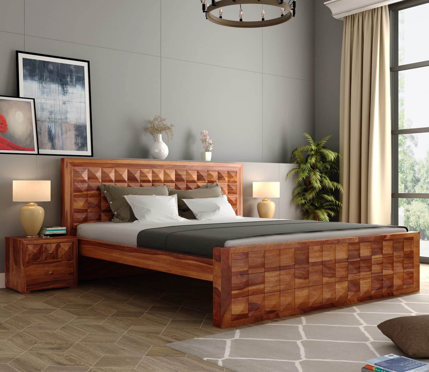 Sheesham Wood King Size Bed Without Storage | Solid Wood Bed with Diamond Headboard & Footboard | Rosewood Bed | Honey Finish-image-10