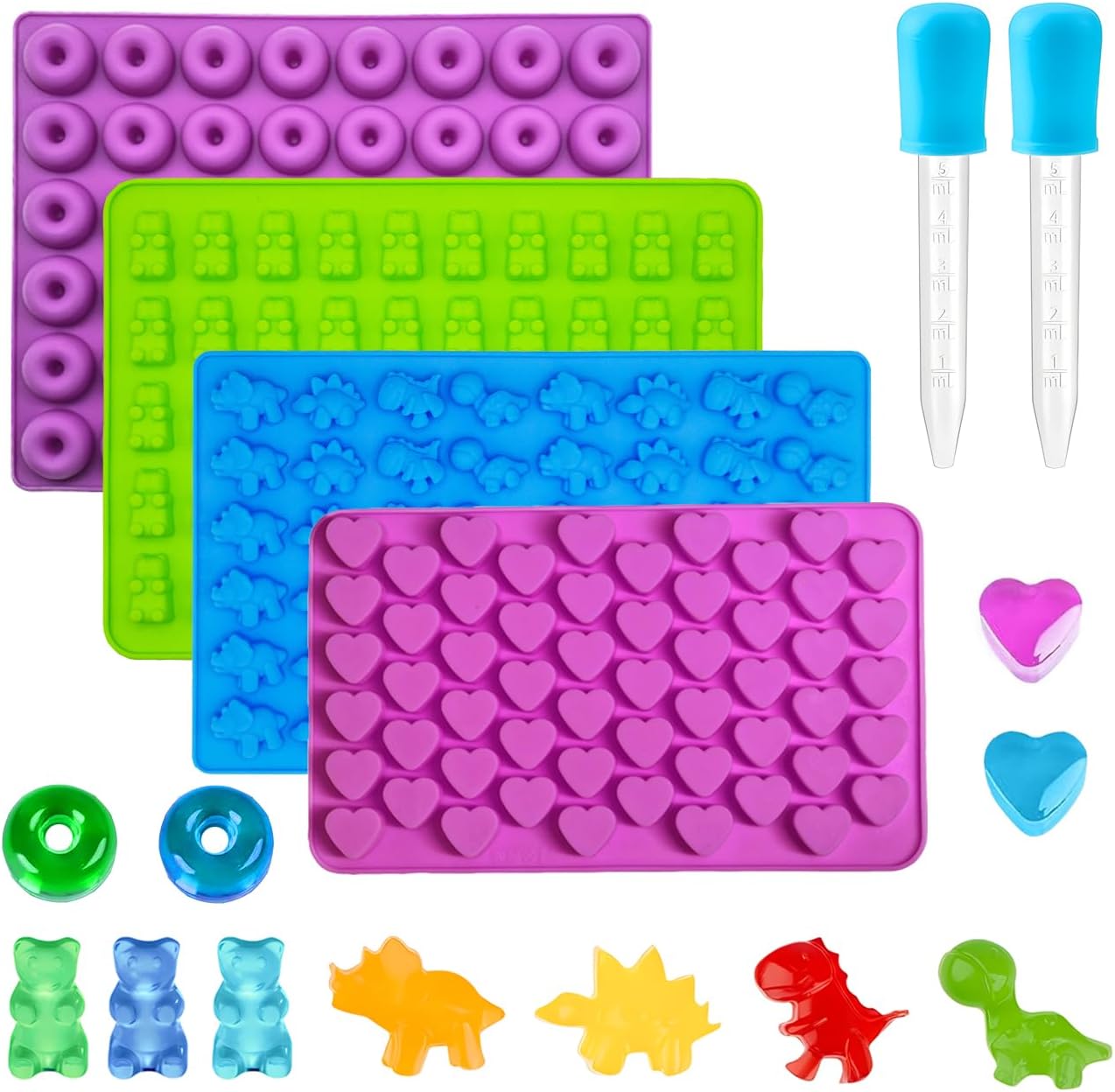 Moldes de silicona para caramelos, forma de dinosaurio, dona, corazones pequeños, molde de oso para niños con 2 cuentagotas, antiadherente y libre