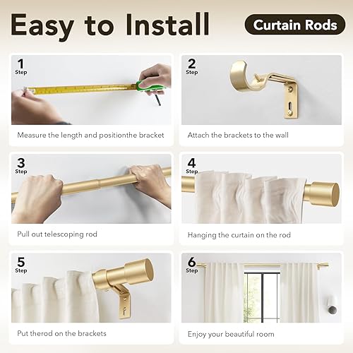 Miniatura 7 de IFELS Paquete de 2 barras de cortina resistentes para ventanas de 28 a 48 pulgadas, juego de 2 barras de cortina doradas de 1 pulgada para patio al